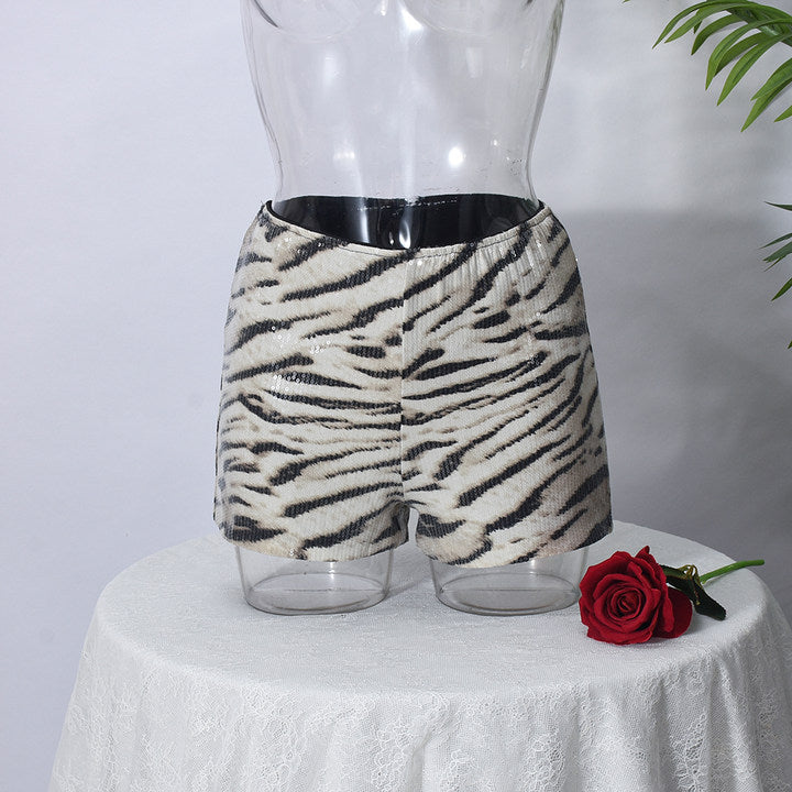 Sequin Women Leopard Elastic Waist Casual Shorts 15