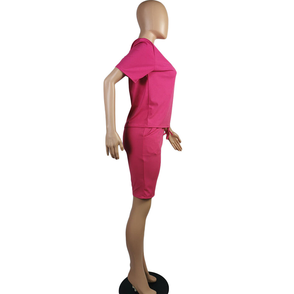 Women Clothing Solid V-Neck Tshirt+Pocket Shorts Two-Piece Set 20