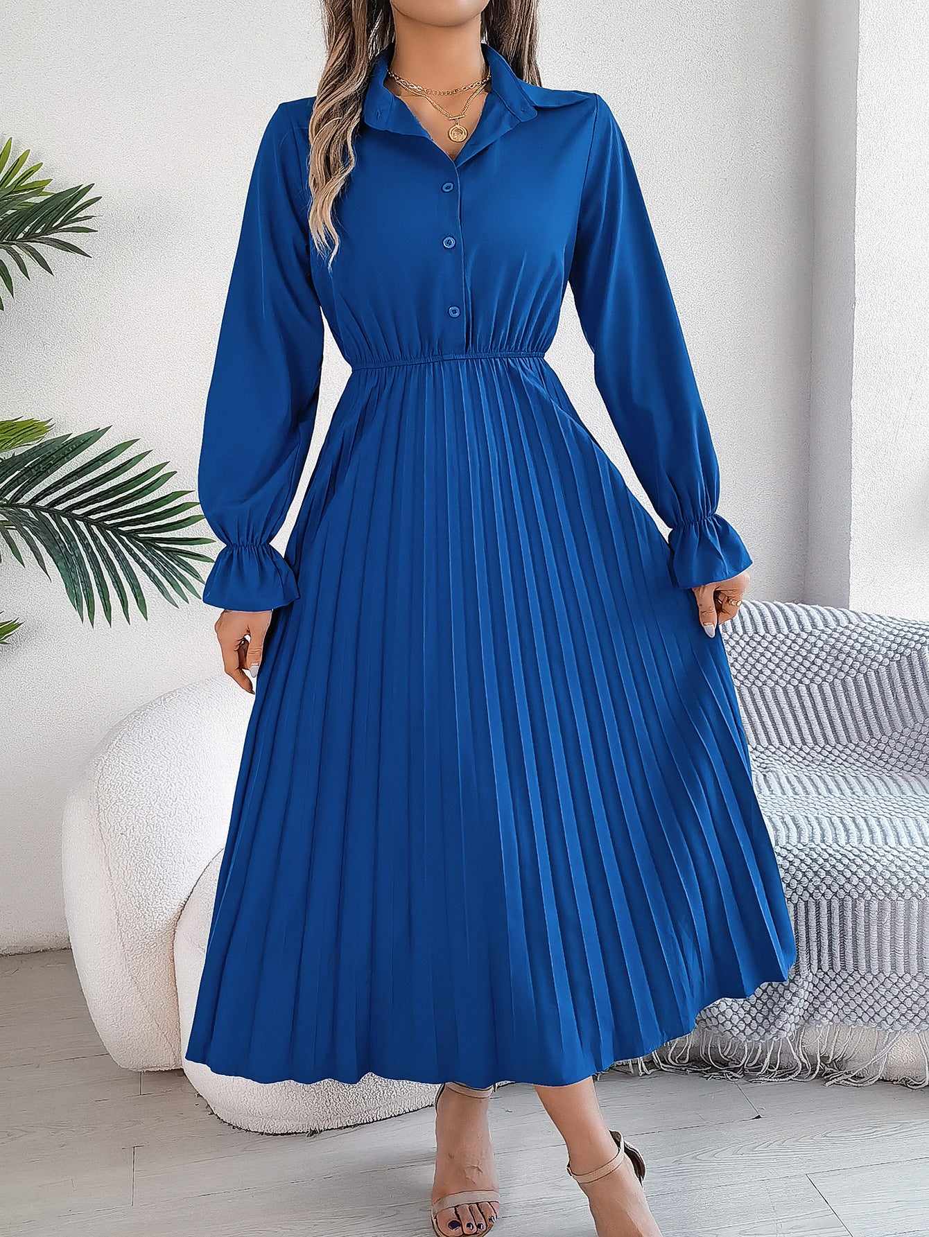 Autumn Winter Casual Turndown Collar Button Long Sleeve Slim Waist Pleated Women's Long Dress 5