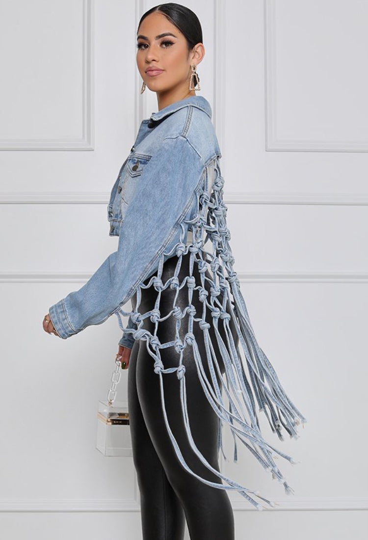 Autumn Casual Blue Loose Medium Long Tassel Denim Jacket 3