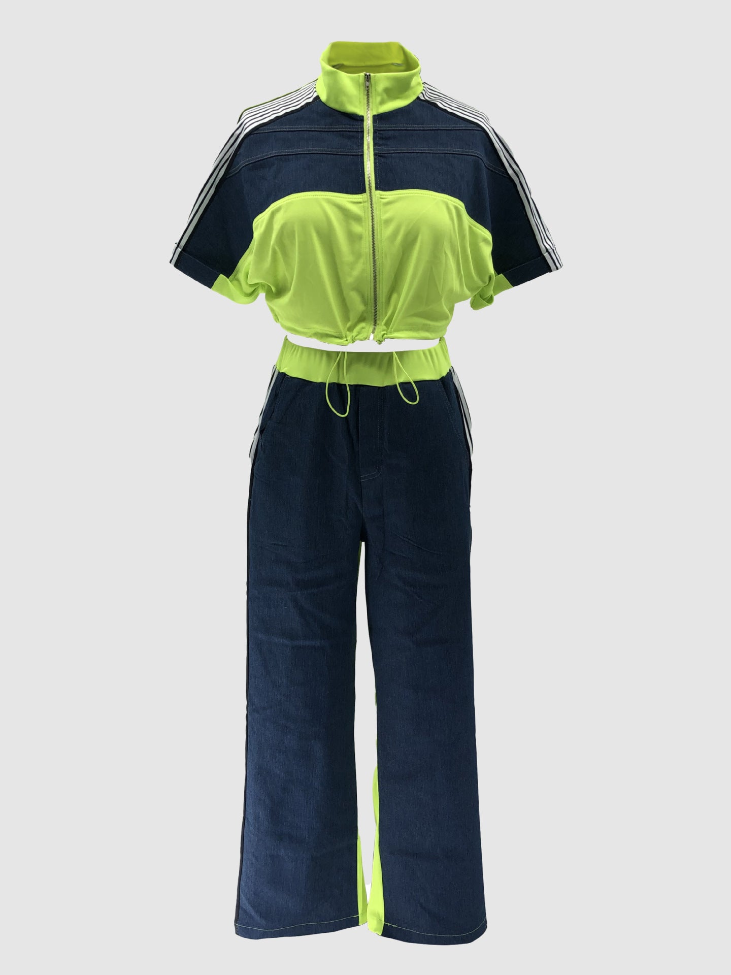 Women Color Blocking Contrast Sports Casual Top + Wide Leg Pants Two-piece Set 15