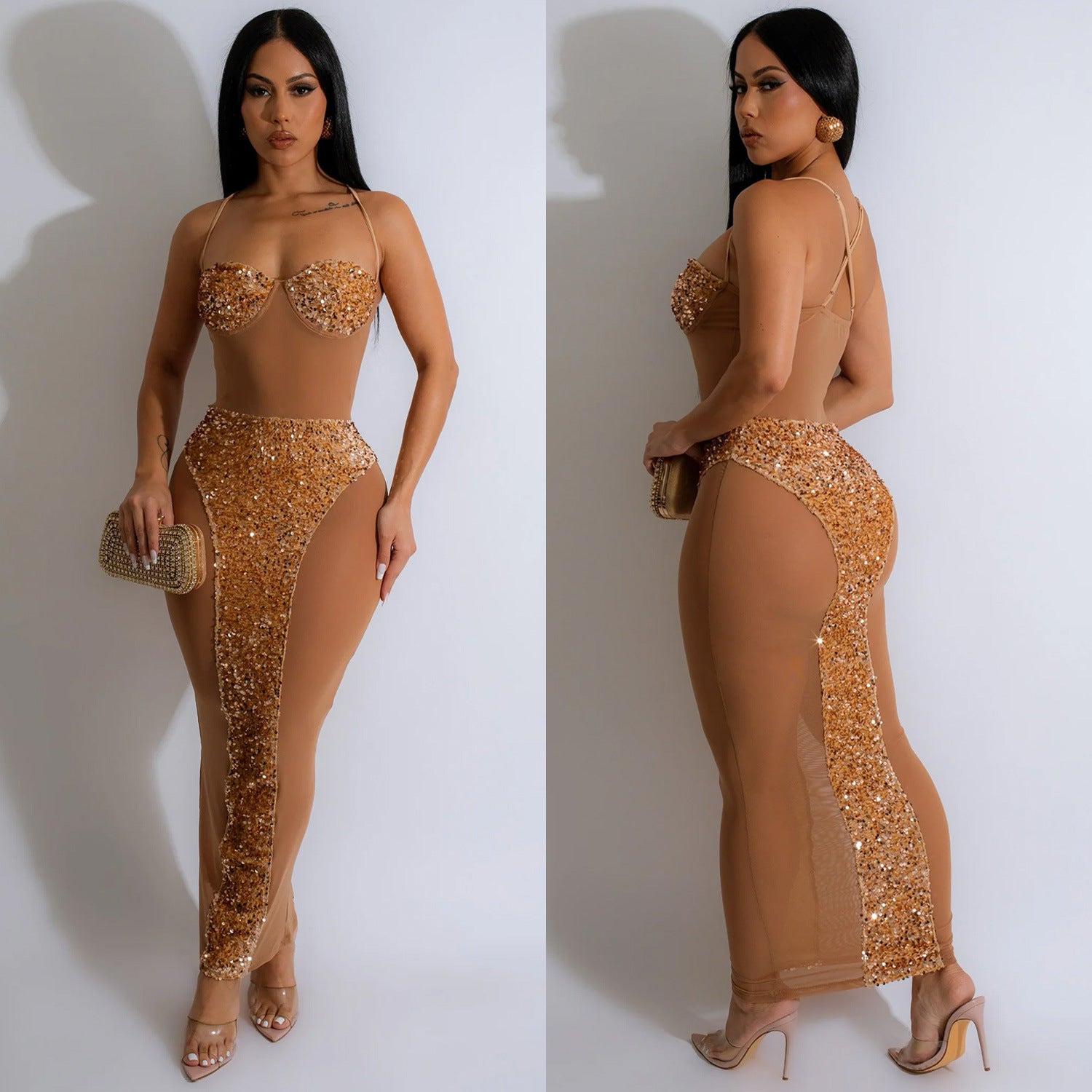 Fashion Women's Solid Color Sexy Strapless See-Through Sequin Dress 5