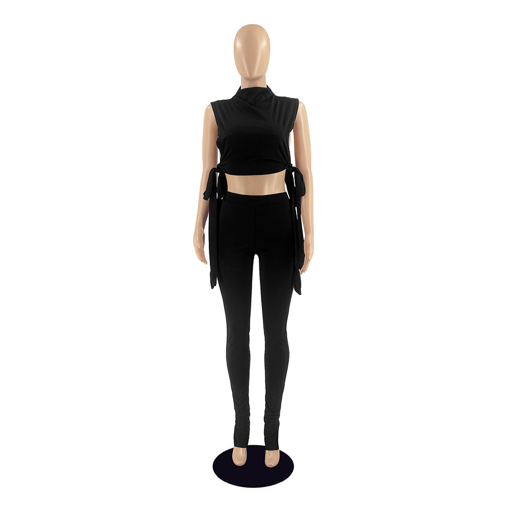 Women Solid Lace-Up Sexy Top and Pant Two-piece Set 9