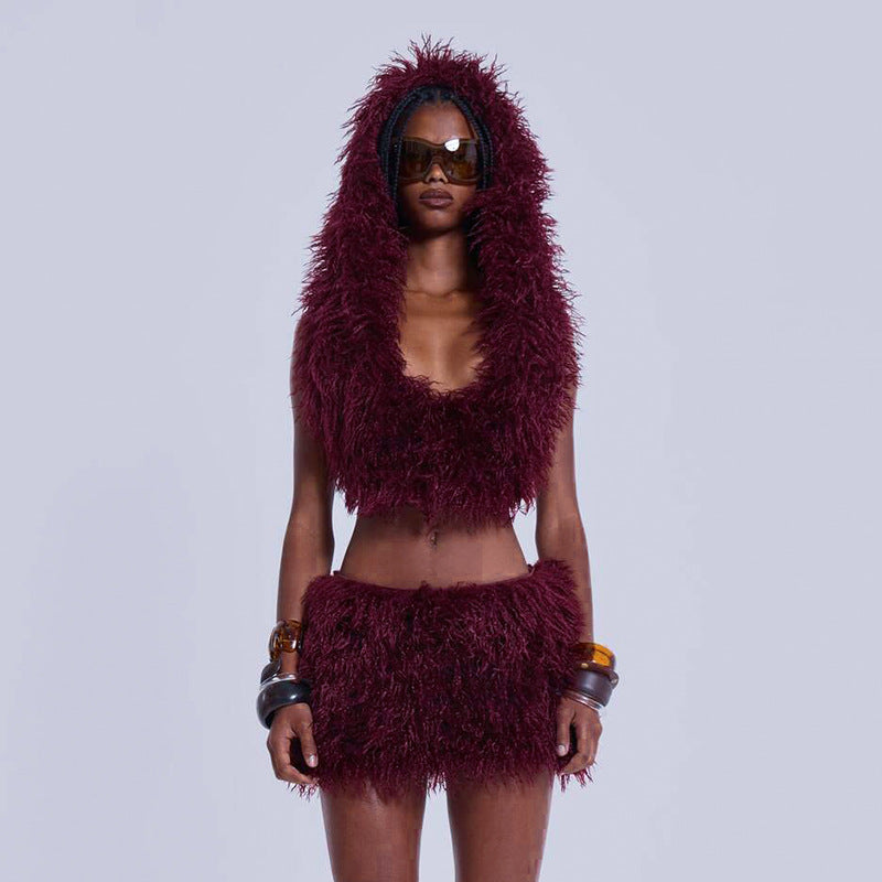 Women's Faux Fur U-Neck Hooded Low Back Top & Skirt Two-Piece Set 18