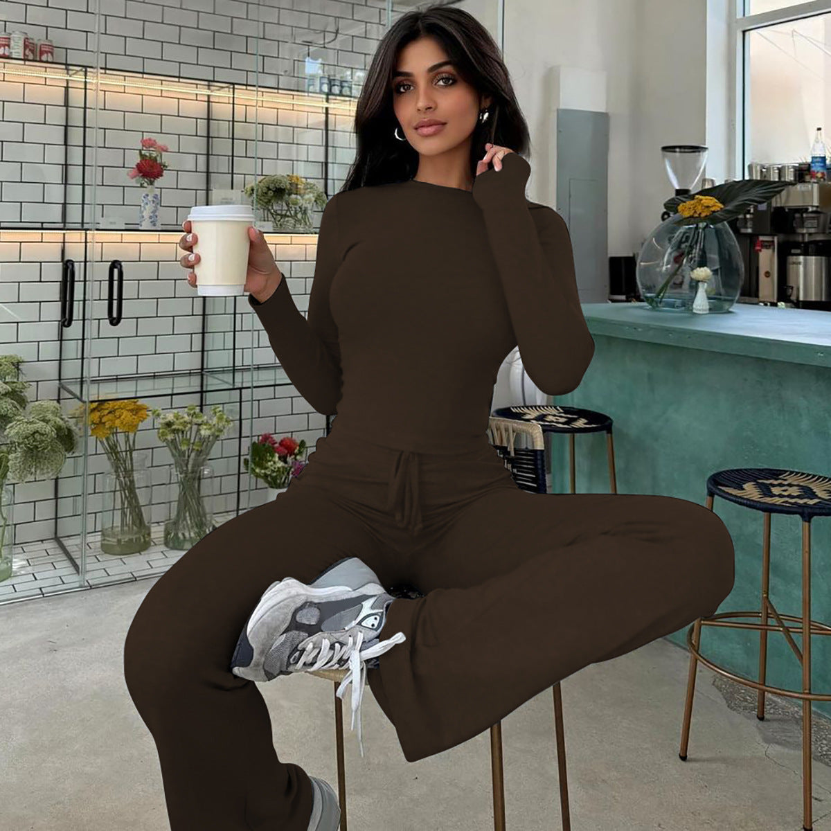 Women Autumn and Winter Crop Long Sleeve Top Lace Bell Bottom PantTwo Piece Set 4