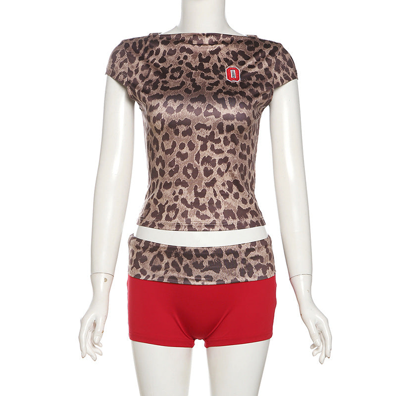 Summer fashion street trend leopard print color matching slim shorts set for women 9