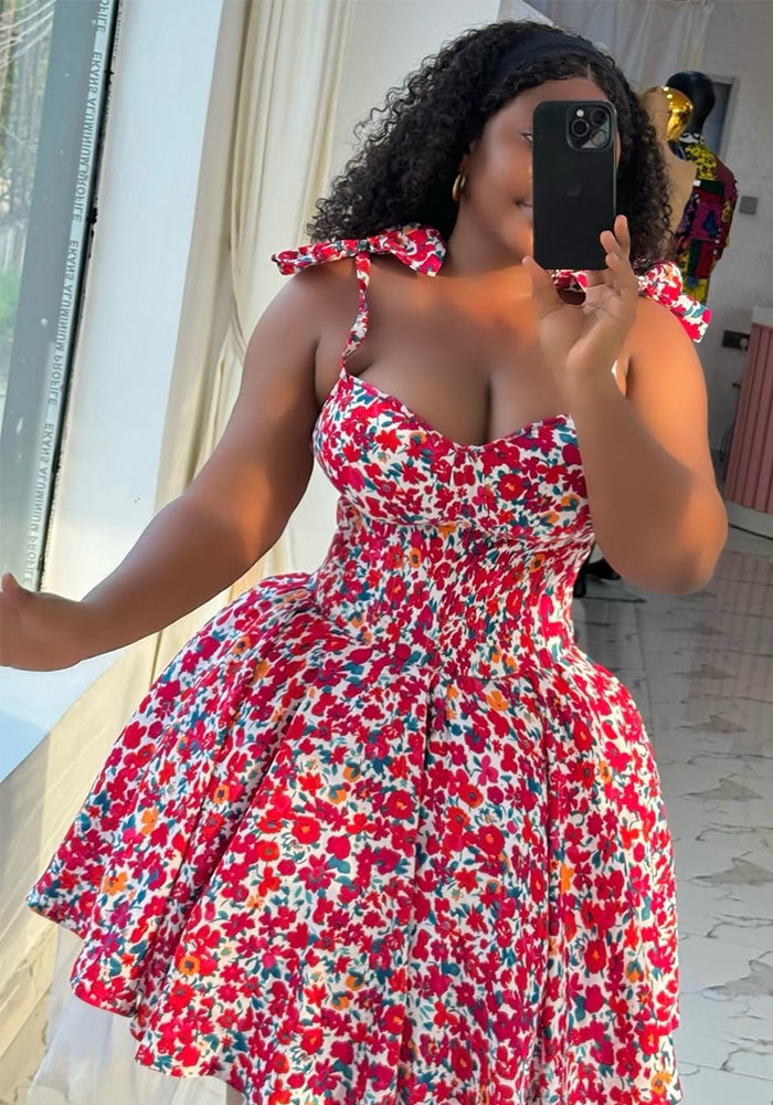 Women spring elegant floral suspender bow dress