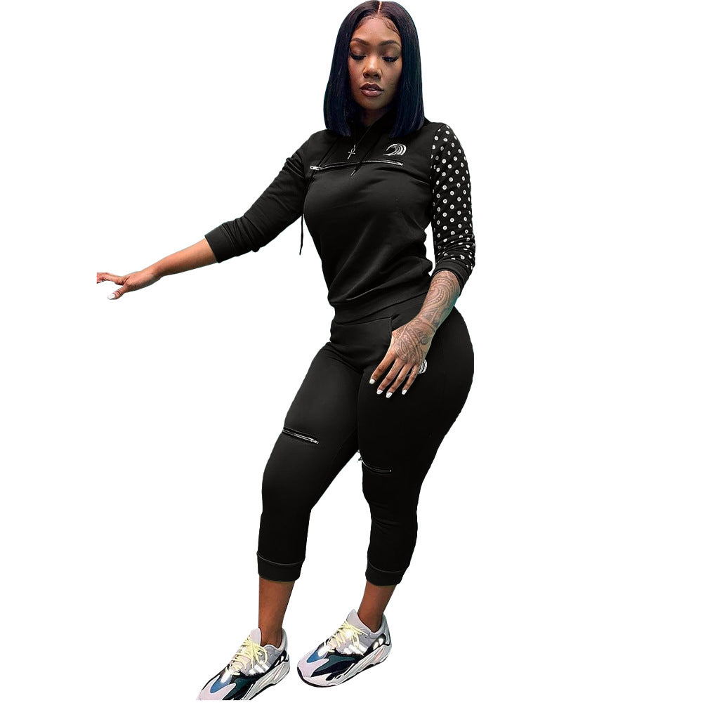 Women's Autumn Winter Fashion Zipper Polka Dot Patchwork Hooded Two-Piece Pants Set 7