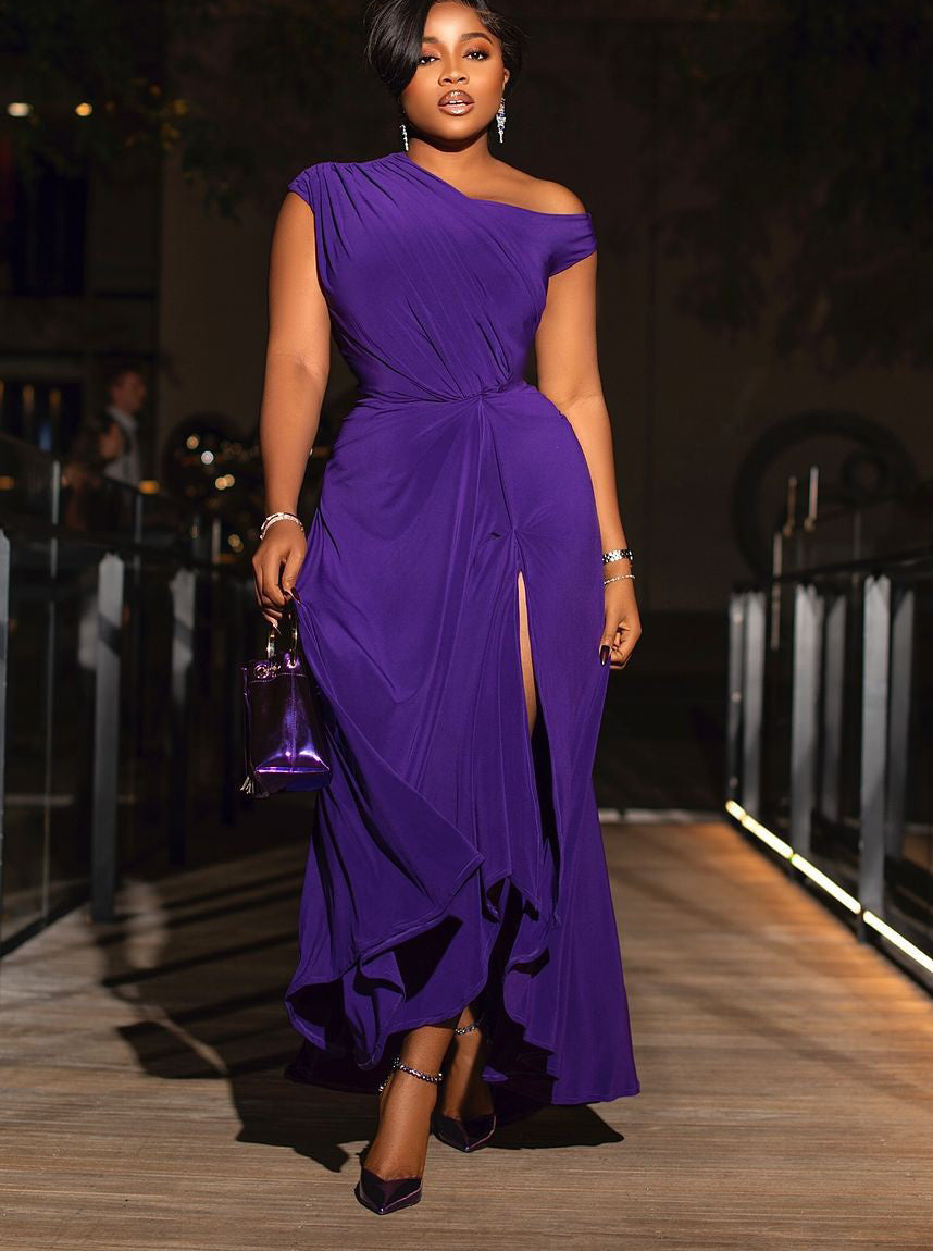 African Women Solid Off-shoulder Slit Dress 3