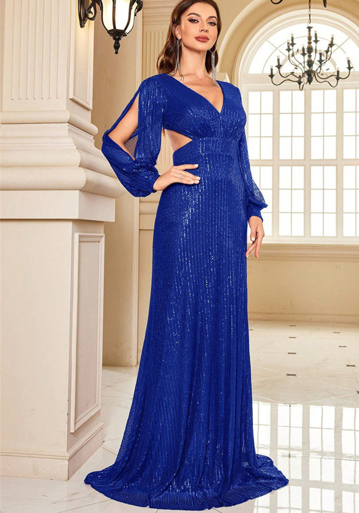 Women long sleeve v-neck fishtail formal party evening dress