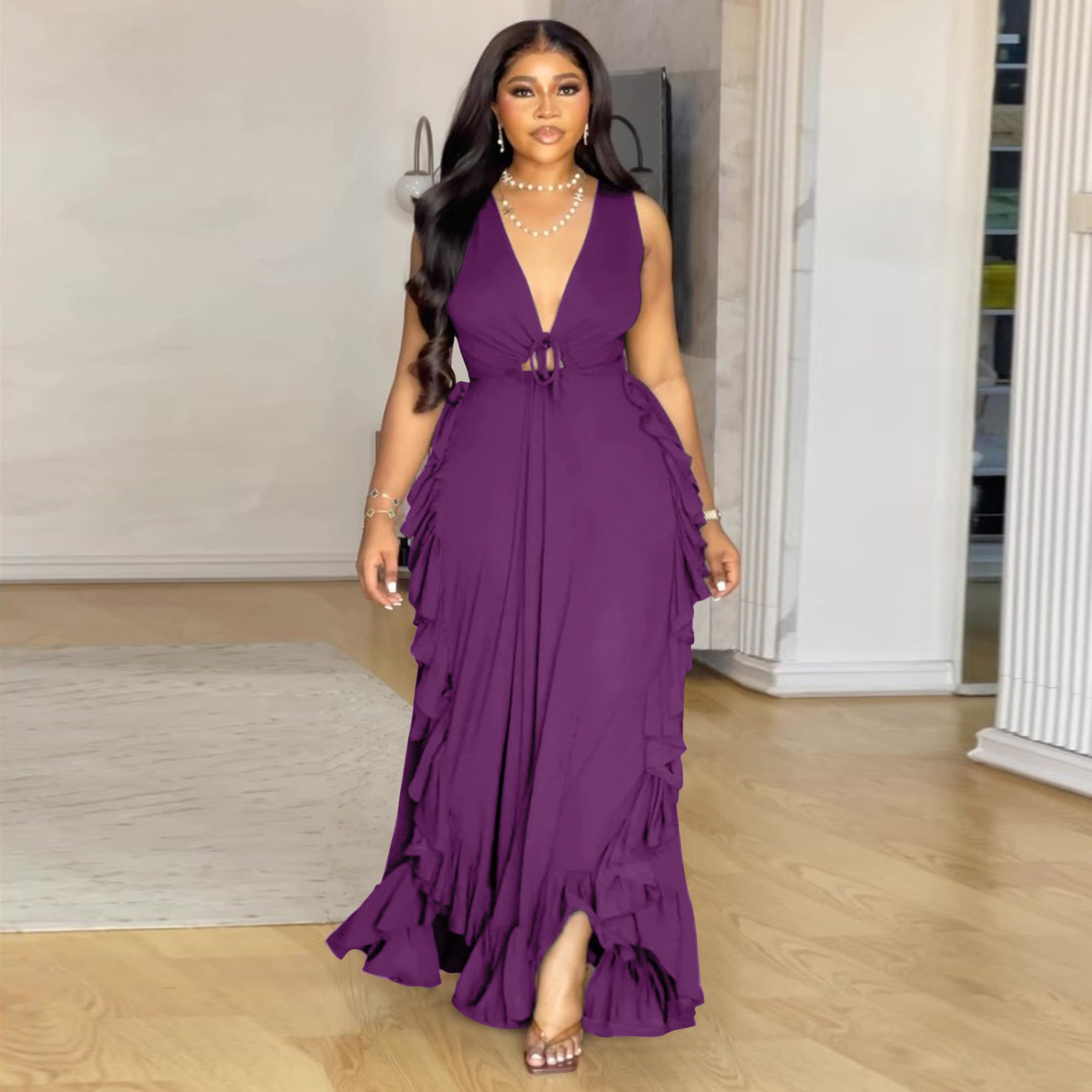 Sexy Chic Ruffle High Waist Hollow Strap Plus Size Dress 5