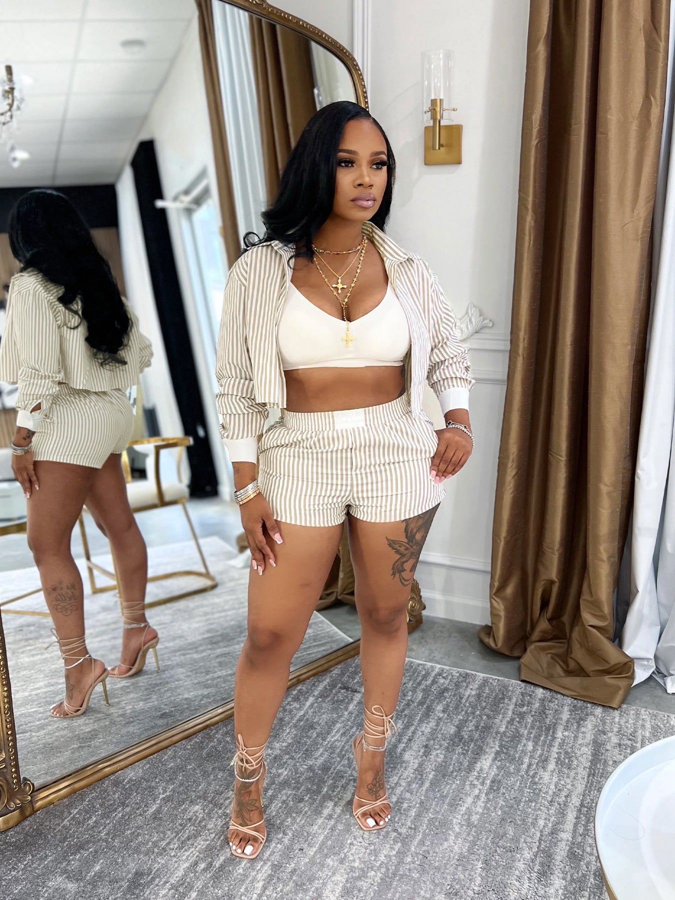 Women Spring and Summer Career Casual Turndown Collar Striped Long Sleeve Shirt Shorts Two-piece Set 8