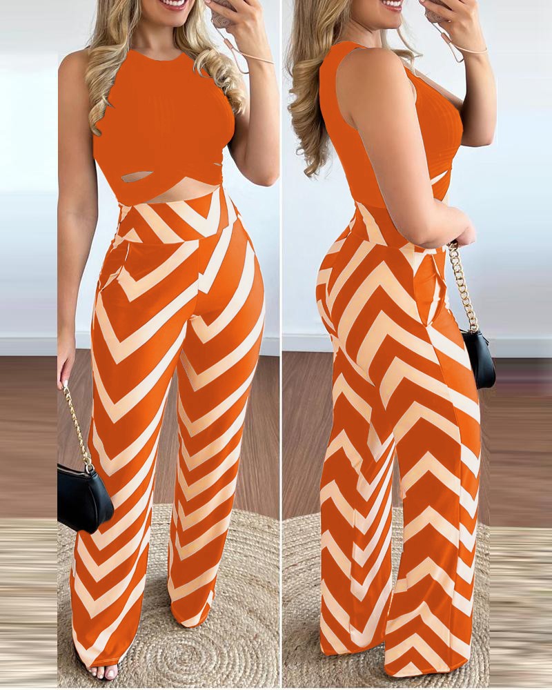 Spring Print Sleeveless Tank Wide Leg Pants Fashion Casual Two Piece Suit 5