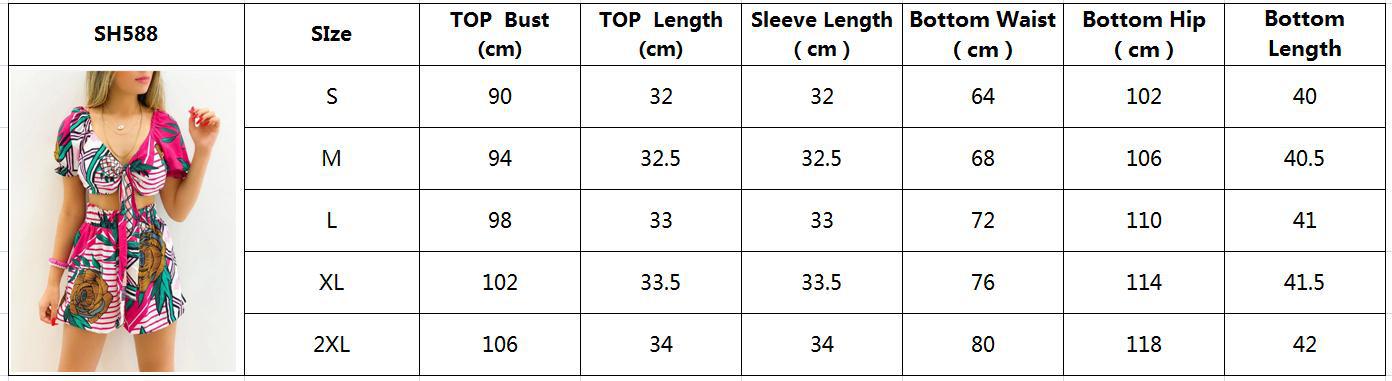 Women Clothes Lace Up Short Summer Sleeve Print Suit Shorts V-Neck Top Two Piece Set 18