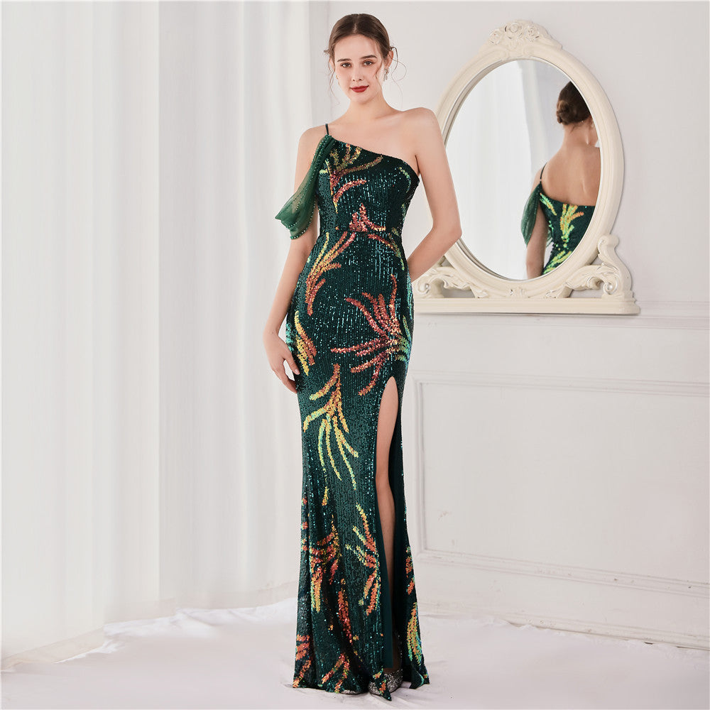 Summer Sequin One Shoulder Slit Long Evening Dress 14