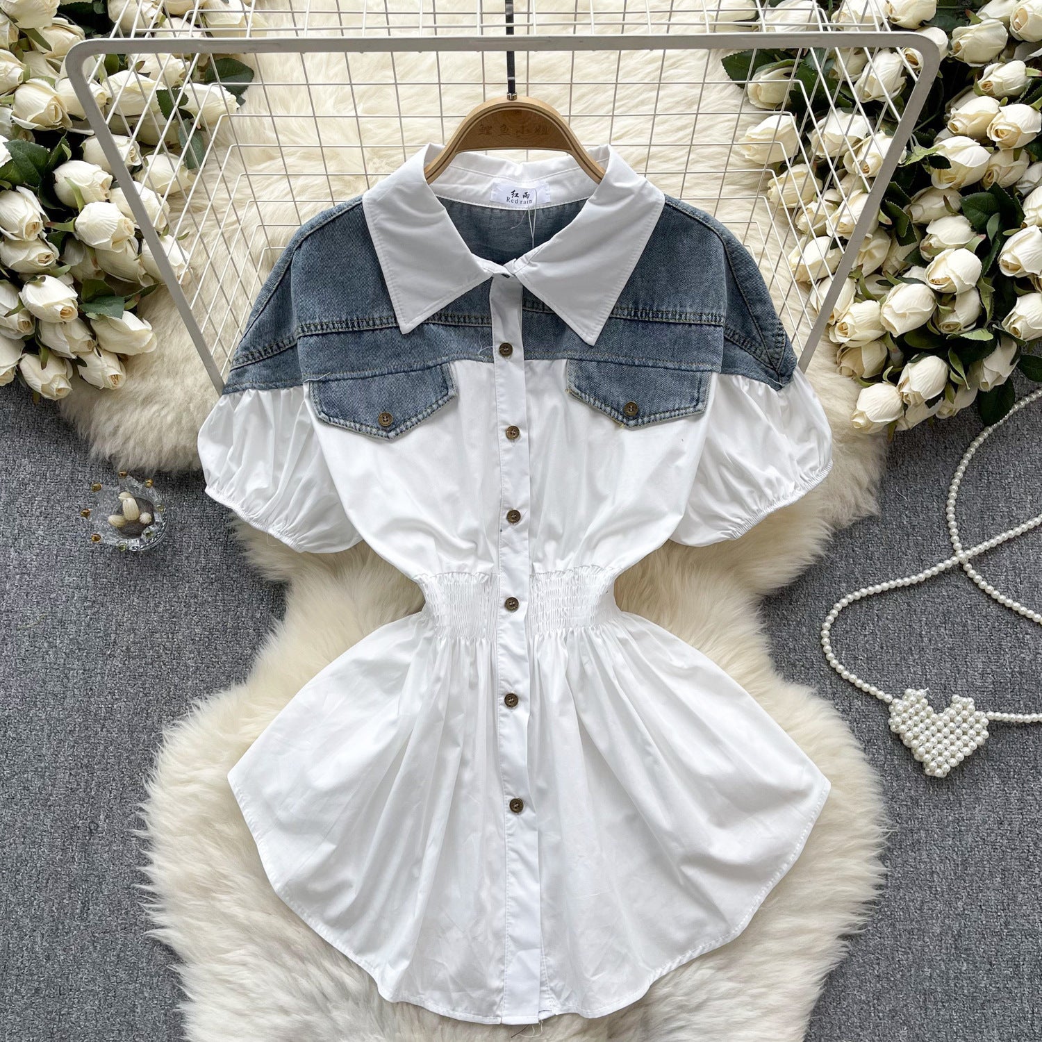 Women Contrast Patchwork Puff Sleeve Stretch Shirt 6