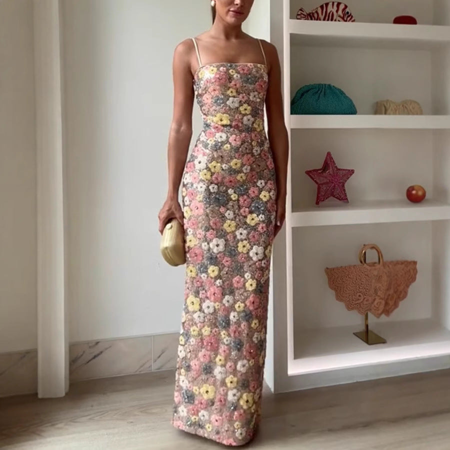 Spring-Summer Strappy Sequin-Embellished Casual Party Slim Long Dress