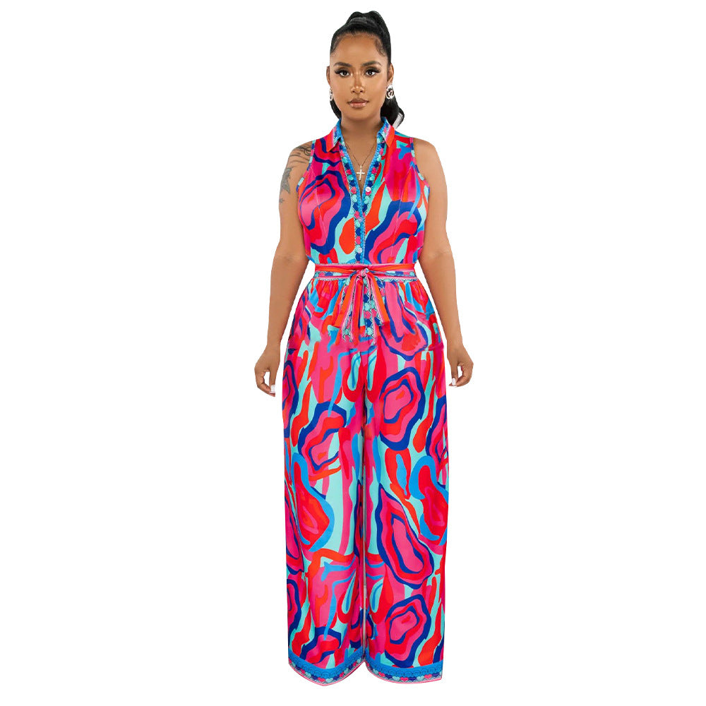 Women's Summer Print Sleeveless V Neck Wide Leg Jumpsuit 13