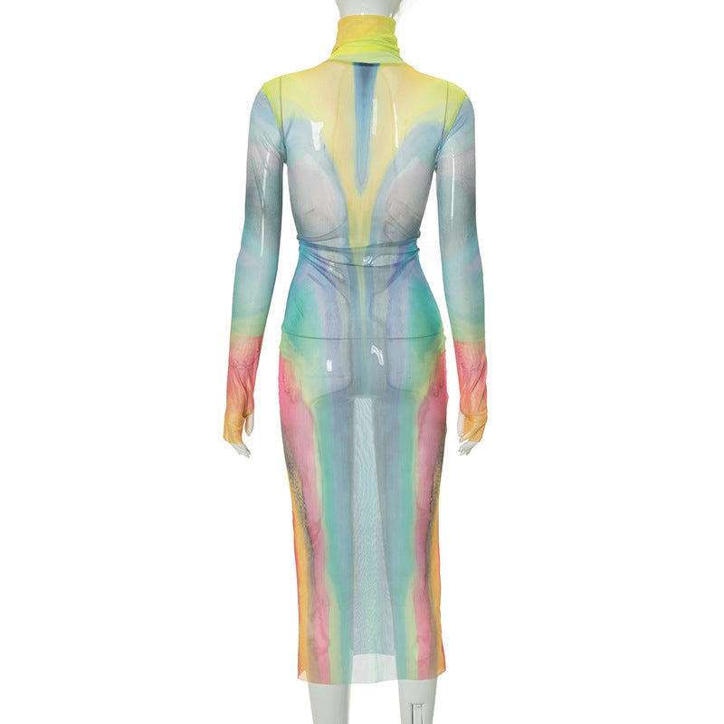 Women Autumn Sexy Mesh See-Through High Neck Long Sleeve Dress 8