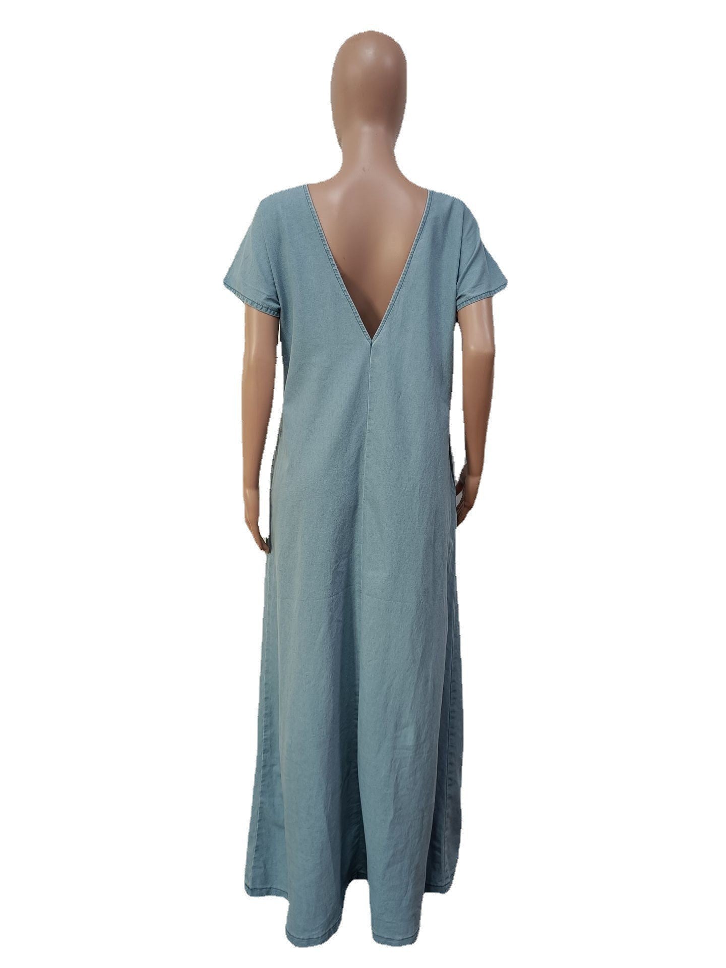 Vintage Loose Deep V Low Back Long Denim Dress 10