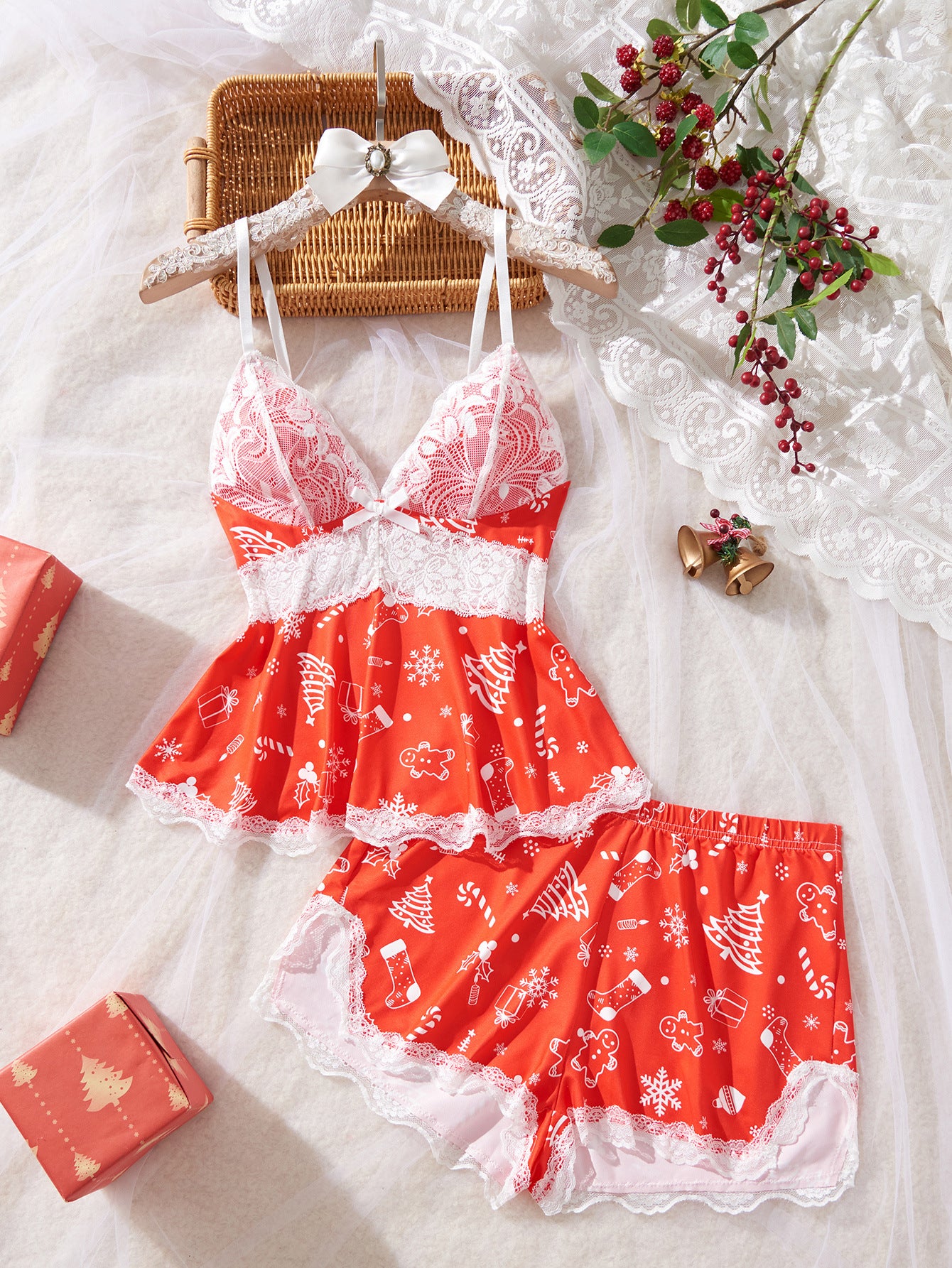 Sexy Lace Patchwork Lingerie Set Print Loungewear Two-Piece Set 3