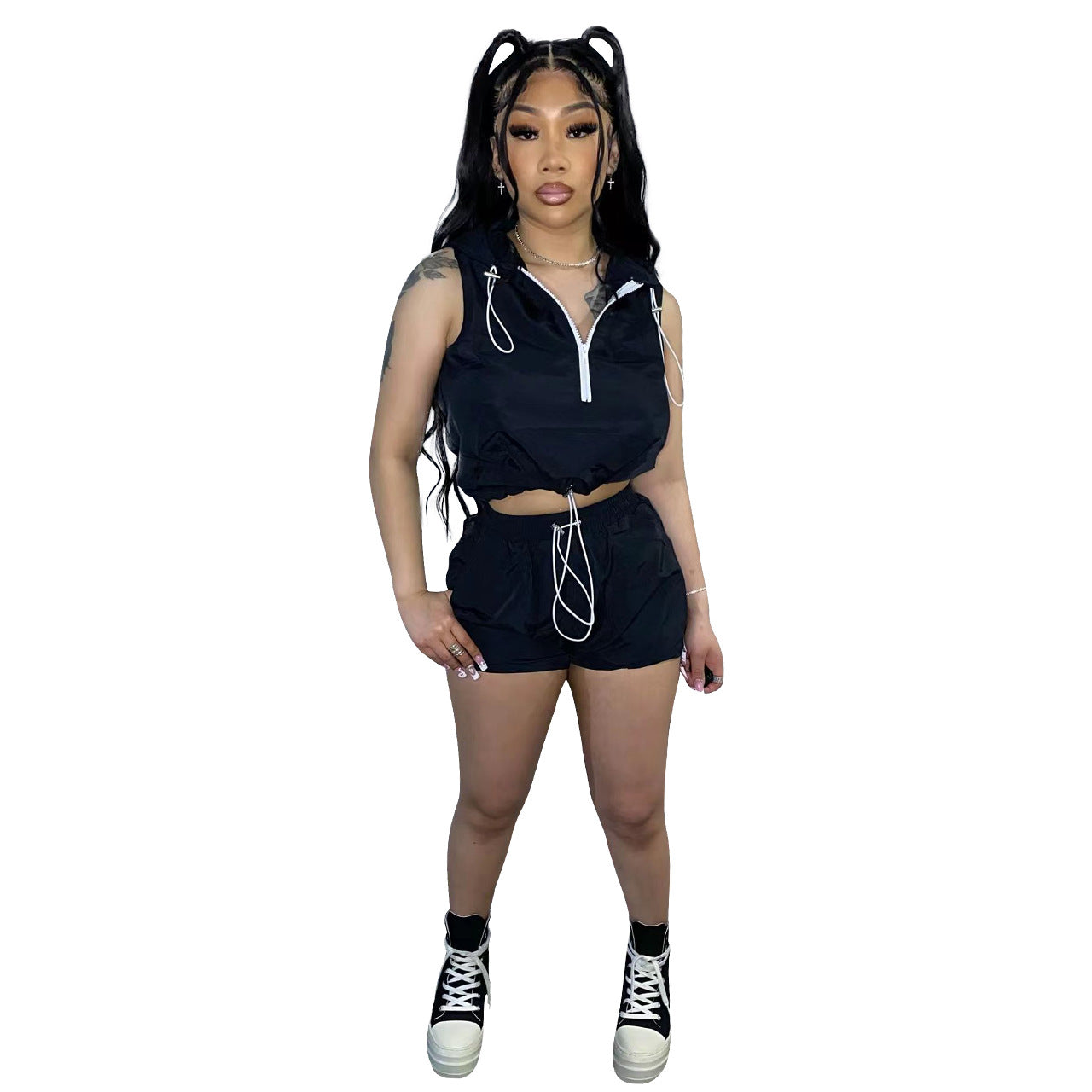 Women'S Fashion Casual Half Zip Hooded Sleeveless Two-Piece Shorts Set Women'S Clothing 15