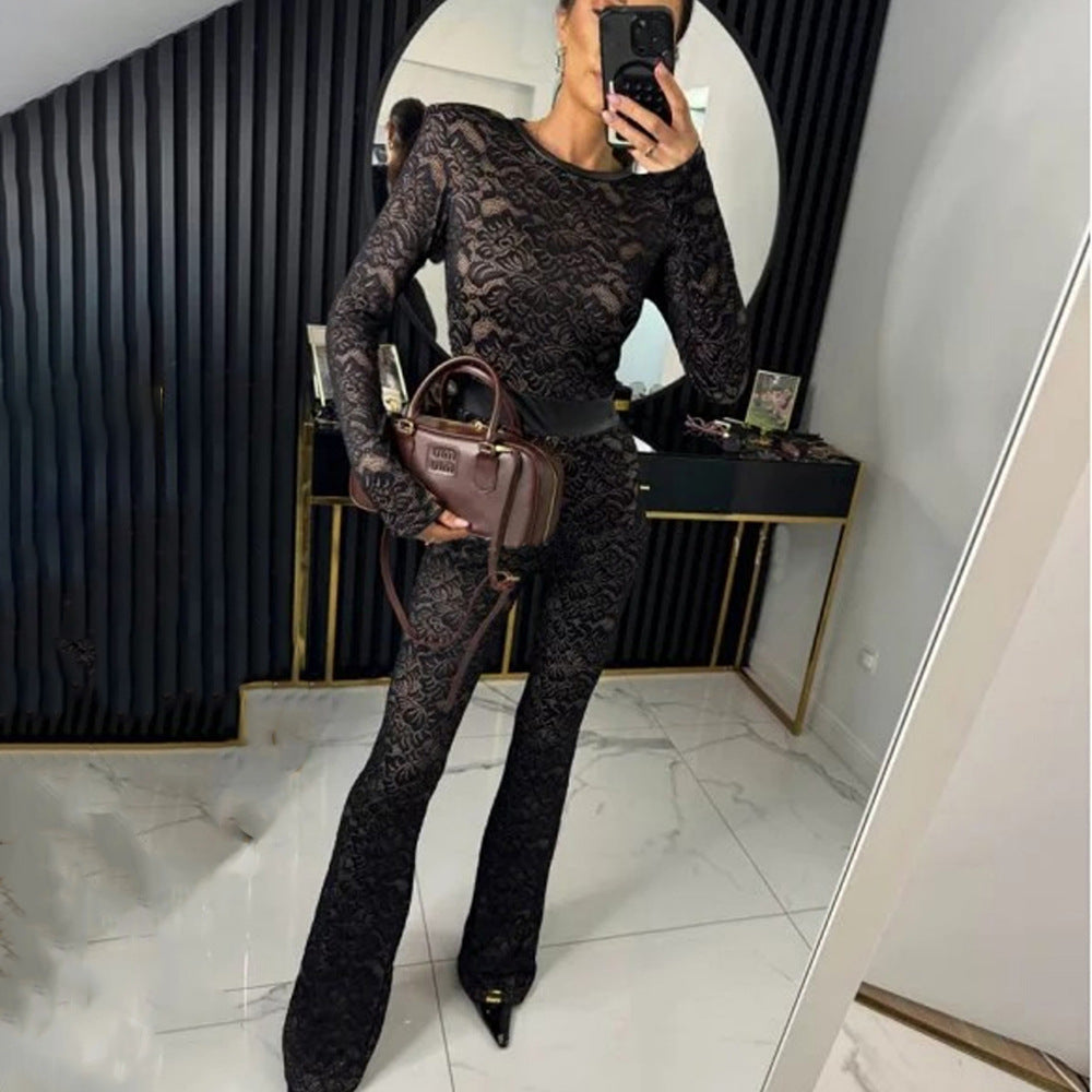 Women Round Neck Lace Patchwork Sexy Jumpsuit 3