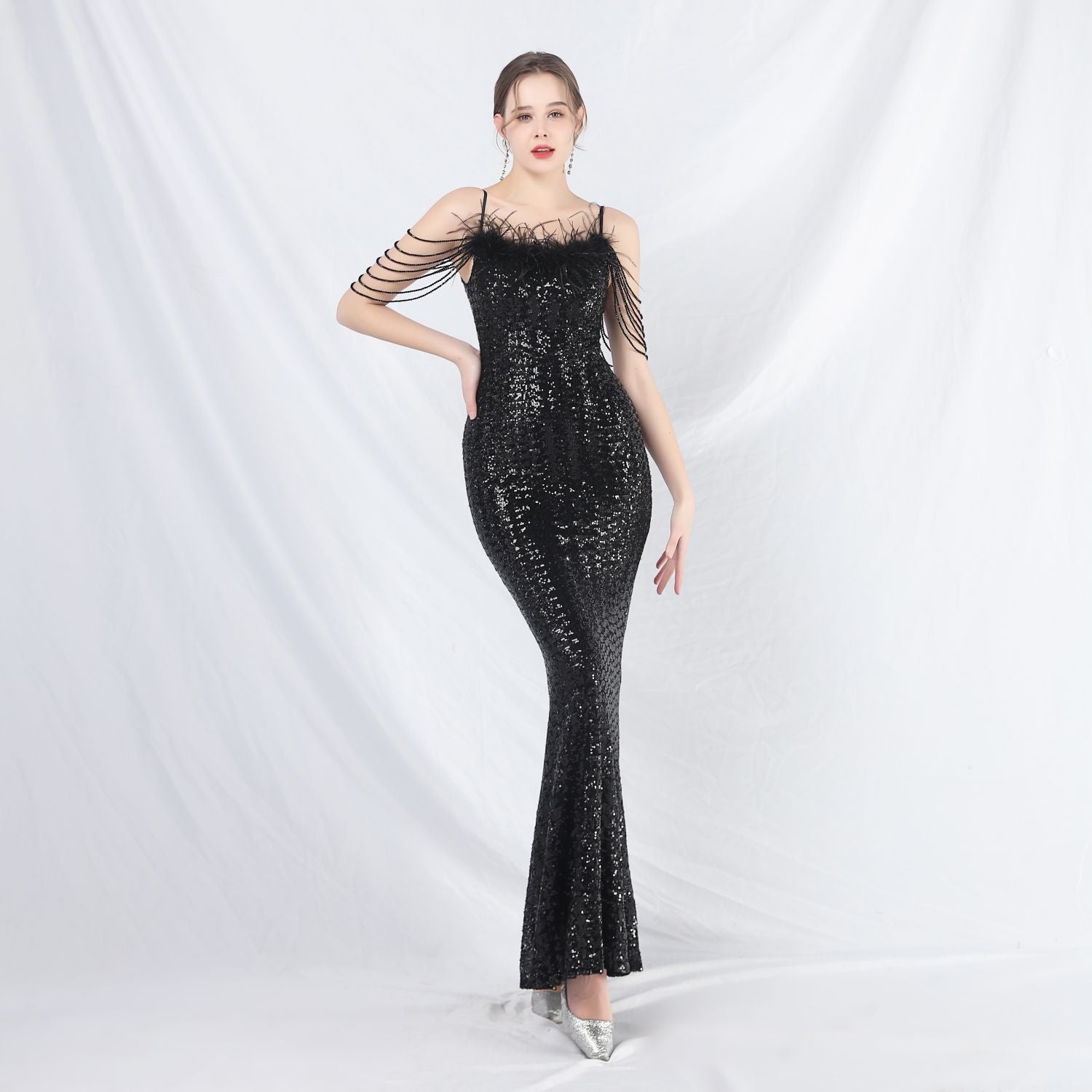Women beaded ostrich feather phantom sequin Maxi evening dress 10