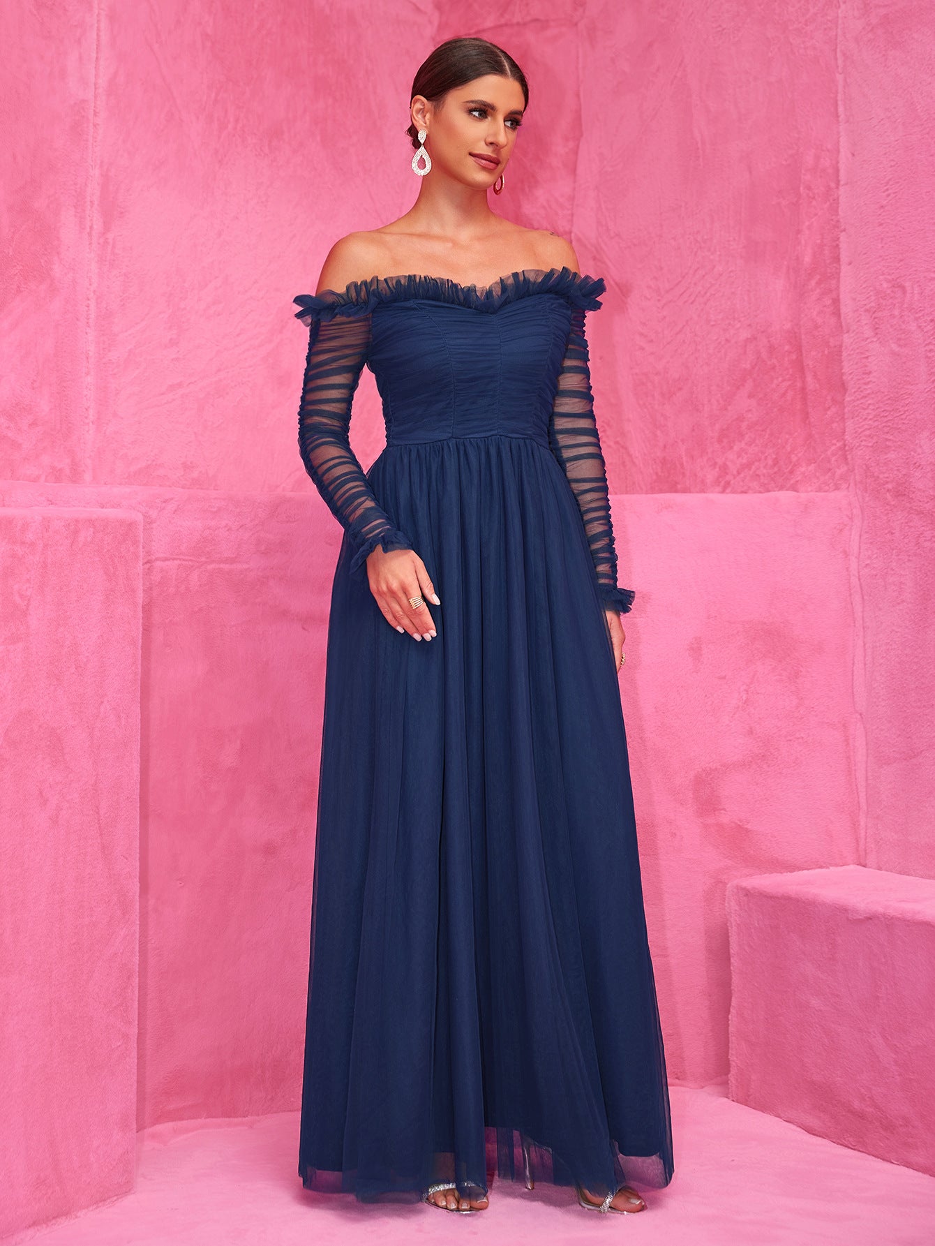 Women Patchwork Chiffon Off Shoulder Lace Evening Dress 4