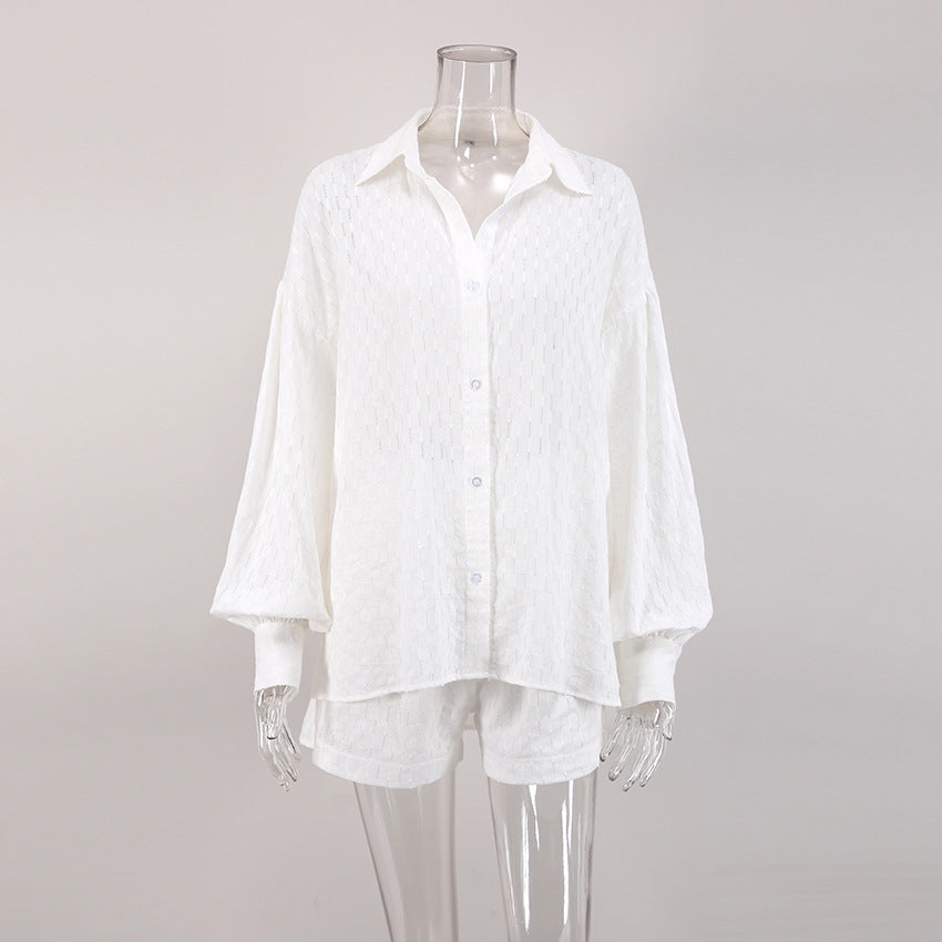 Summer Women Shirt Jacquard Puff Sleeve Top And Shorts Two-piece Set 26