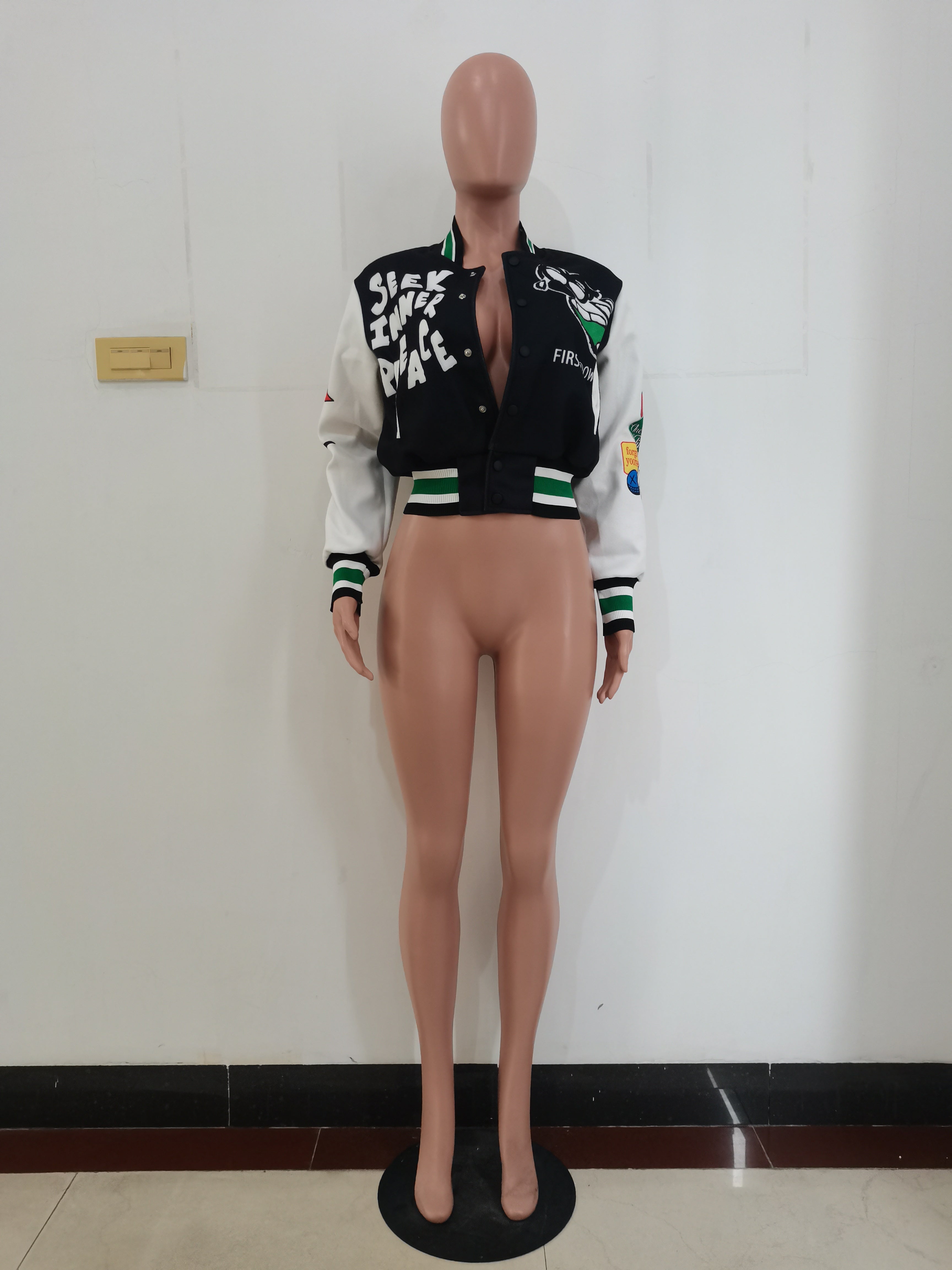 Positioning Print Ribbed Fashion Women's Top Baseball Jacket 21