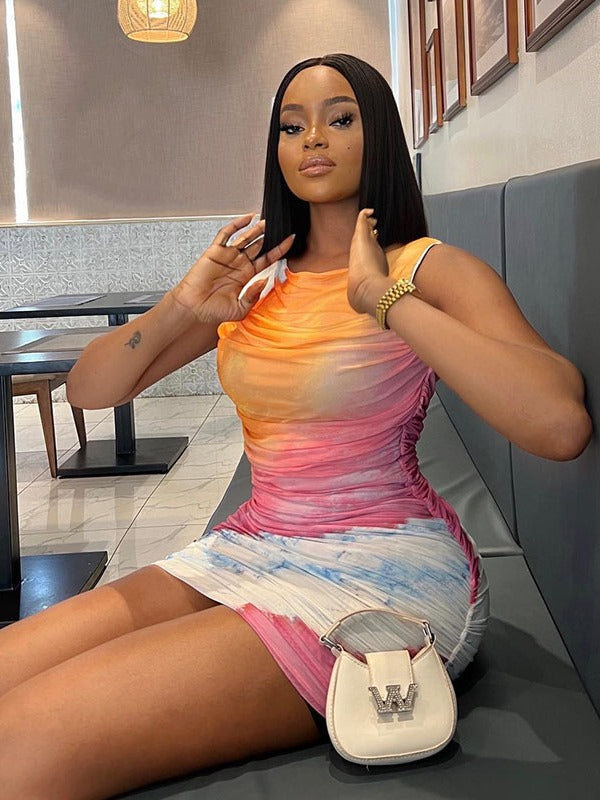 Fashion Printed Round Neck Sleeveless Mesh Patchwork Bodycon Casual Trendy Women's Dress 4