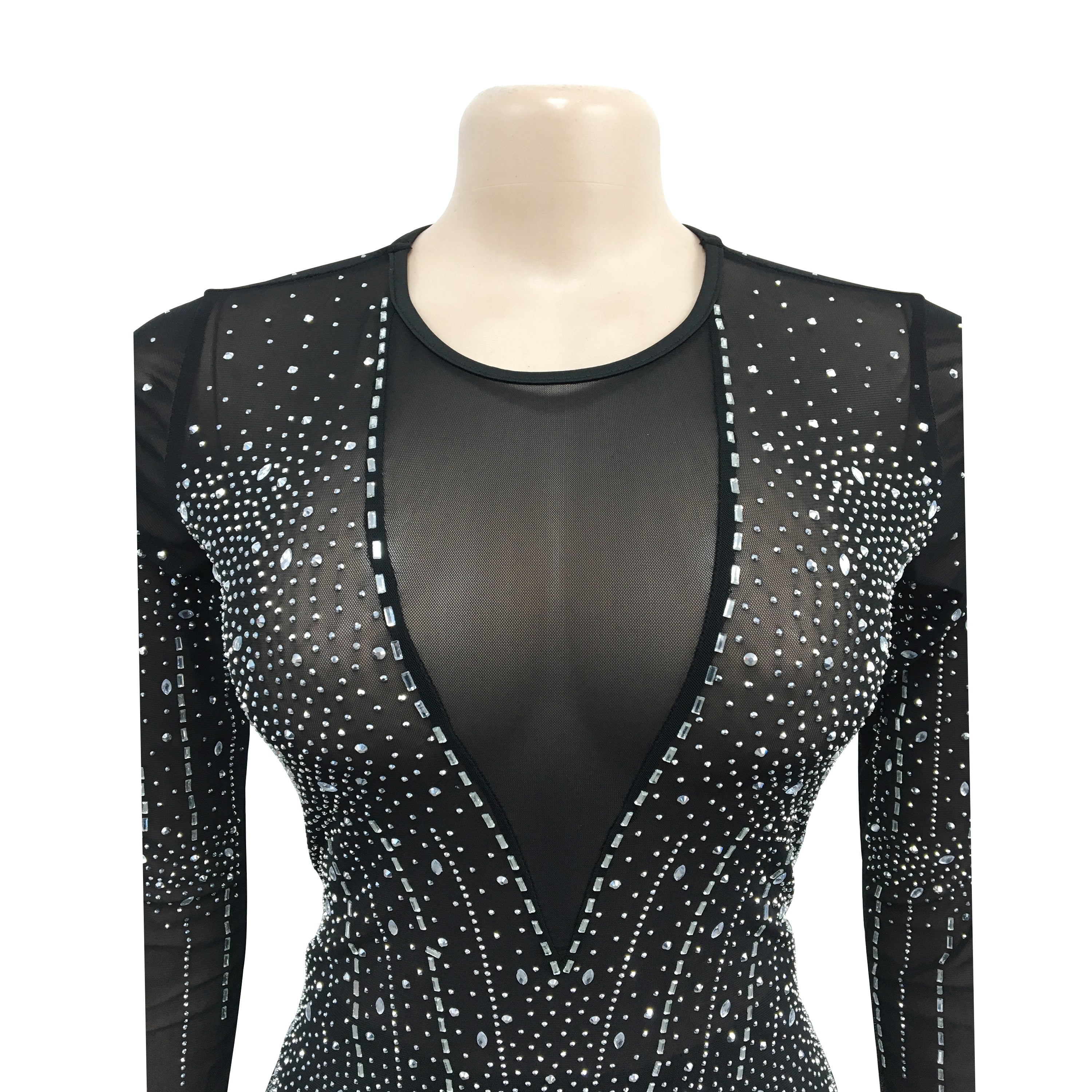 Fashion Women's Mesh Beaded V-Neck Long Sleeve Feather Long Library Jumpsuit 19