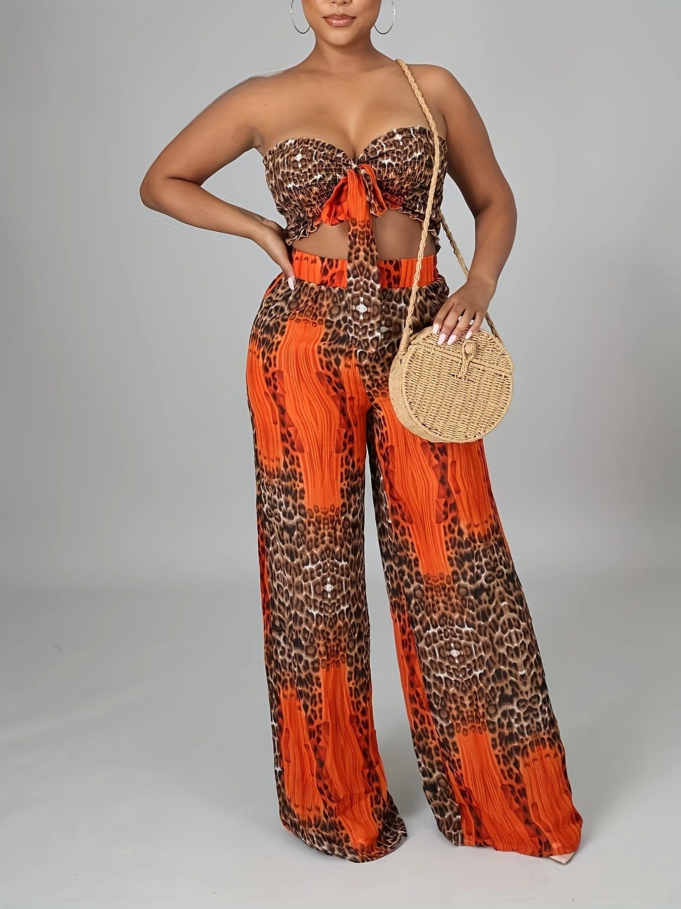 Summer Leopard Print Strapless Lace-Up Wide-Leg Loose Two Piece Pants Set