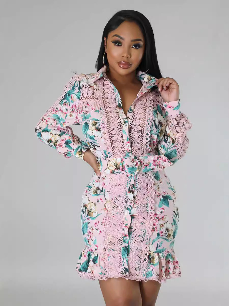 Women's Long-Sleeved Lace Patchwork Slim Printed Turndown Collar Floral Shirt Dress