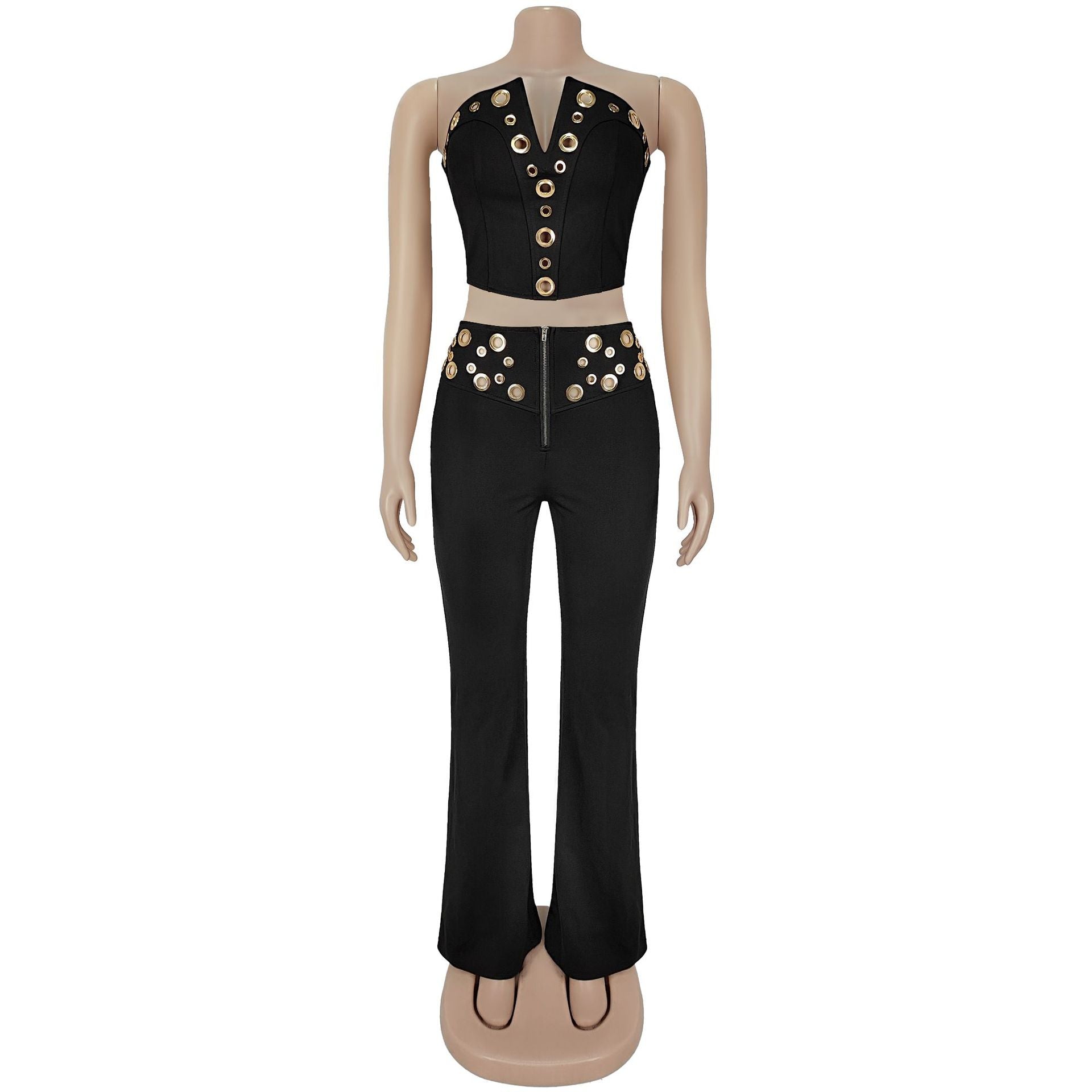 Women's Sexy Strapless Metal Buckle Fashionable Two Piece Pants Set 16