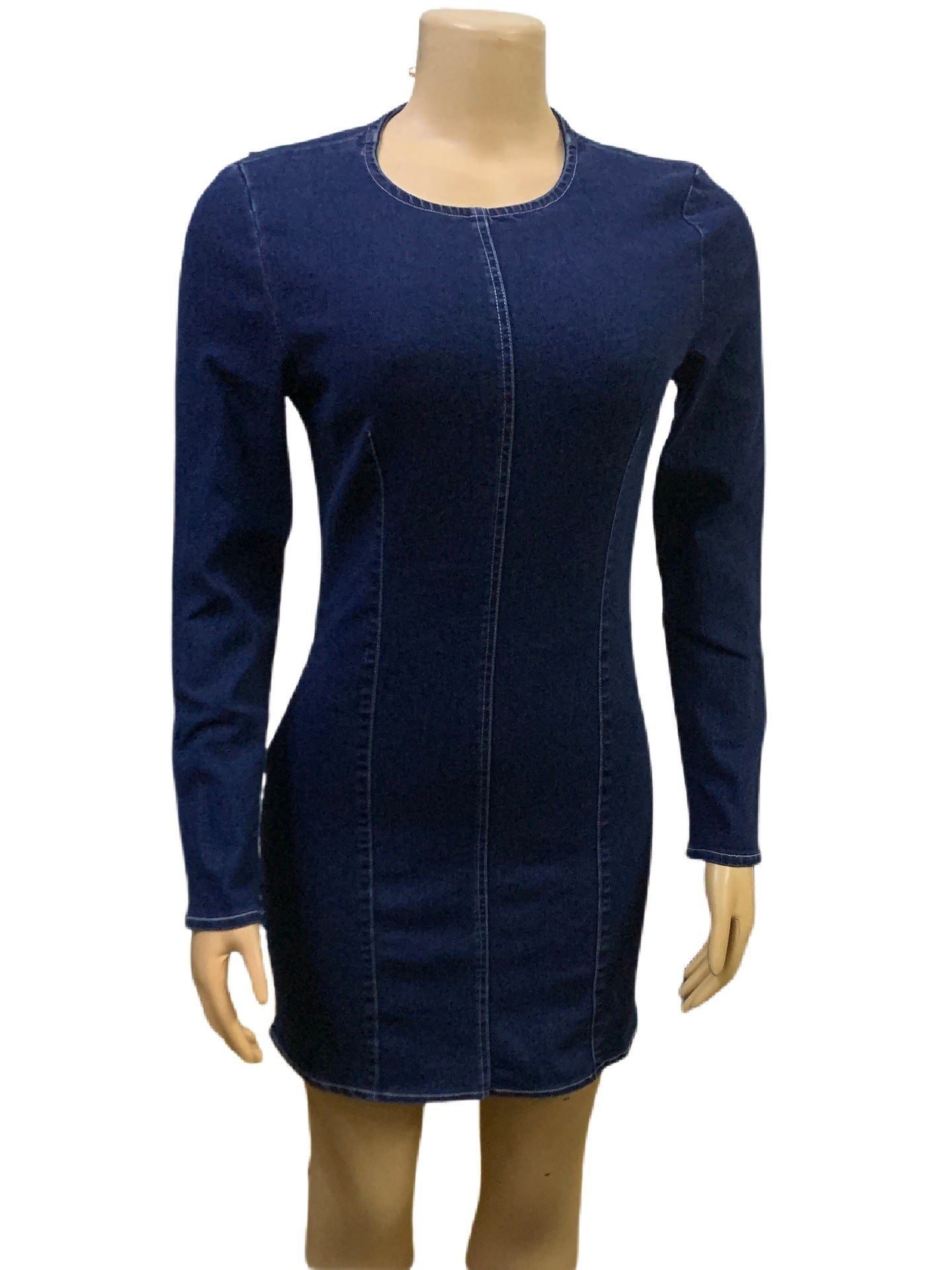 Women Solid Round Neck Long Sleeve Bodycon Denim Dress 6