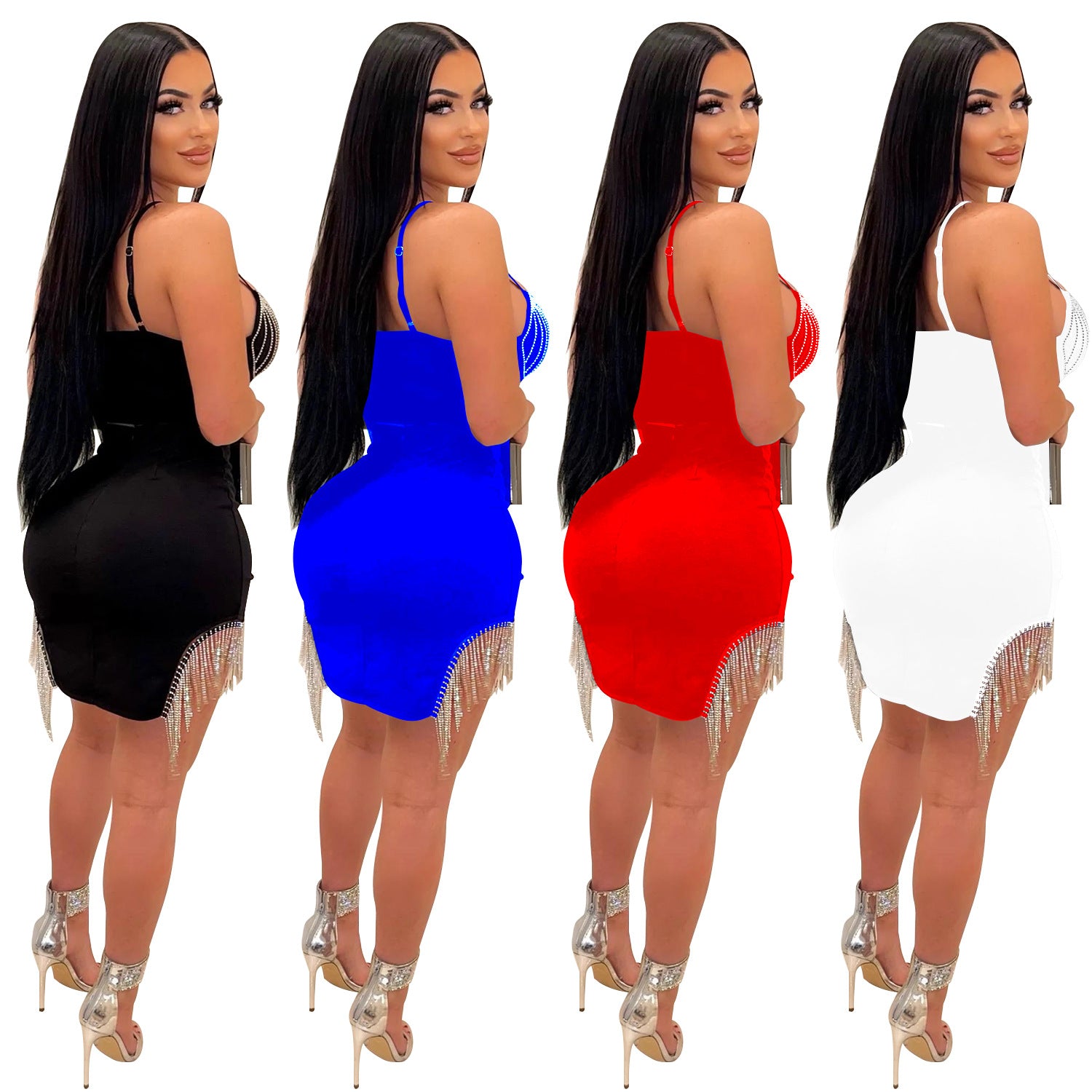 Women's Fashion Beaded Sleeveless Straps Top Tassels Skirt Two-Piece Set 9