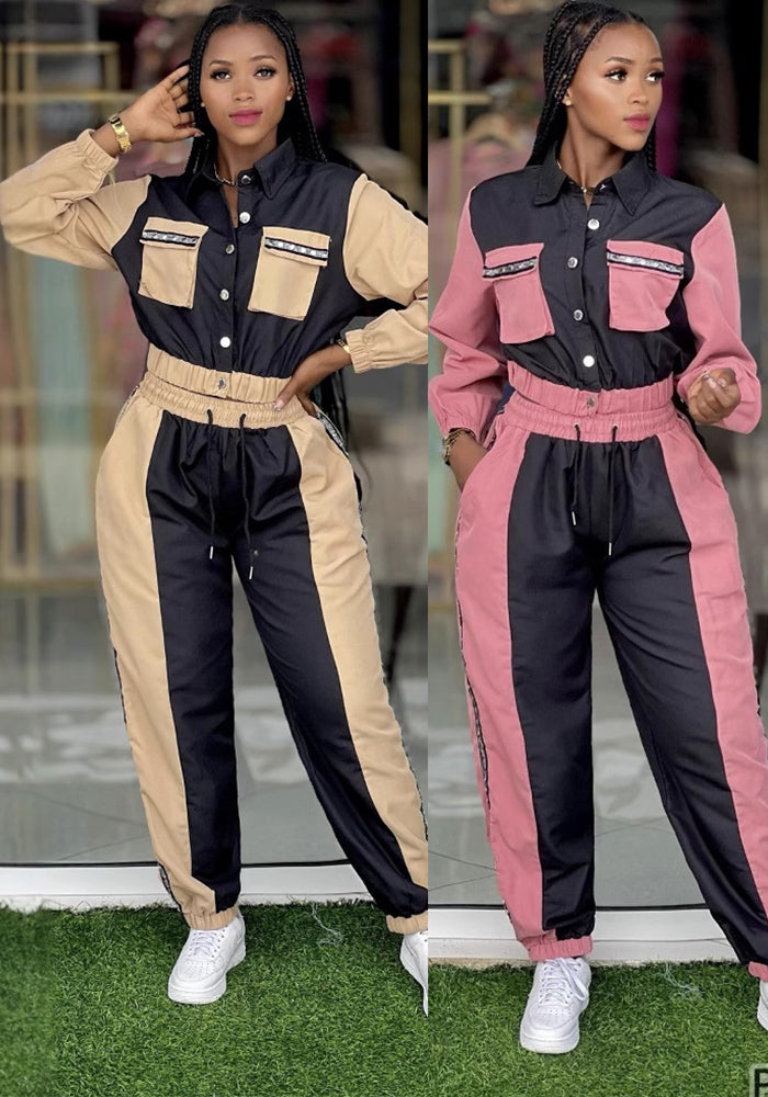 Women color matching Top and multi-pocket trousers Casual Two Piece Set