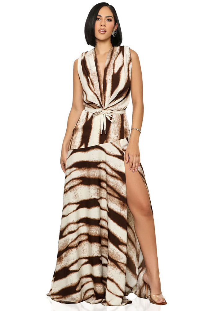 Women's Printed V-Neck Sleeveless Slit Long Dress