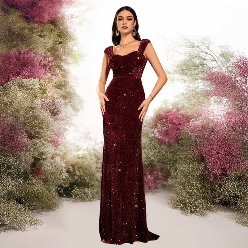 Women solid V-neck sequined halter evening dress mermaid dress 12