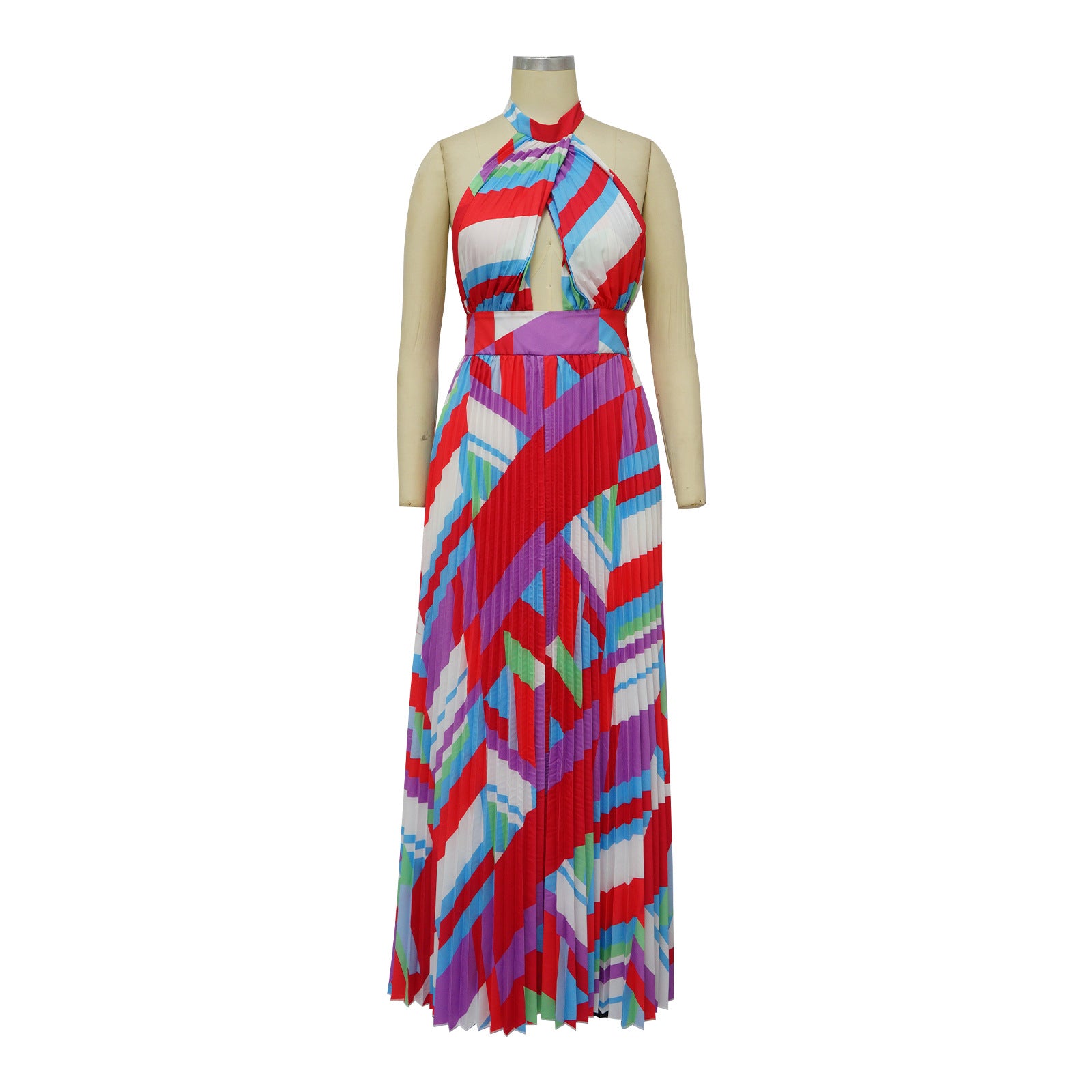Women Halter Neck Backless Pleated Print Sleeveless Dress 15