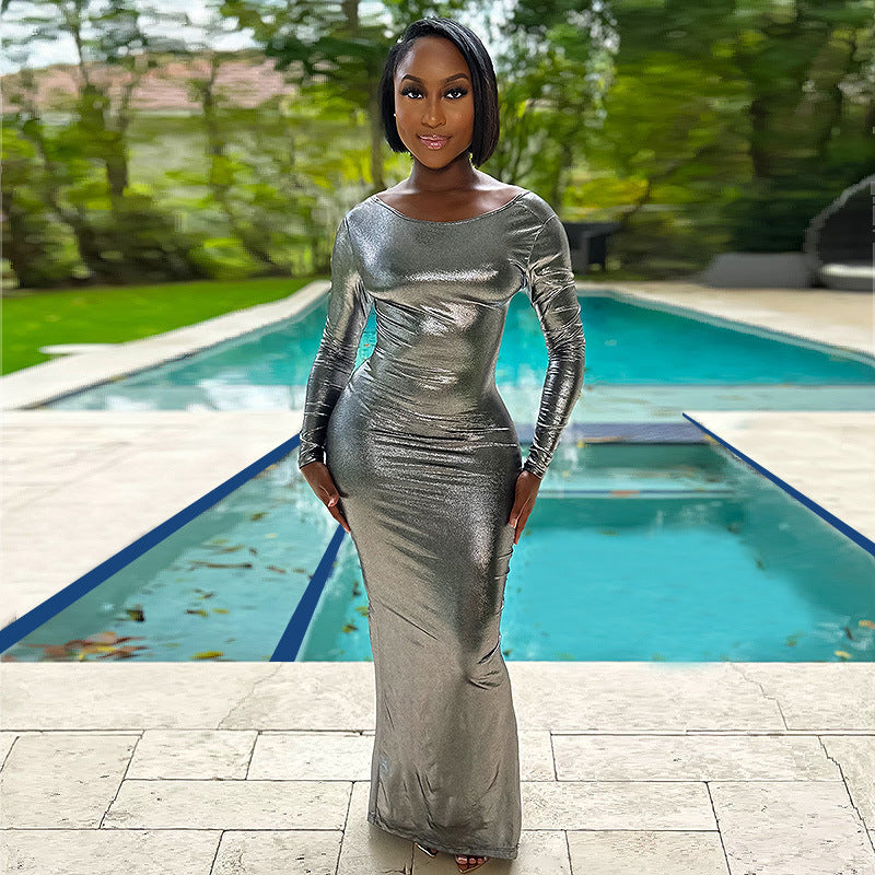 Women Summer Solid Round Neck Long Sleeve Bodycon Backless Maxi Dress 3