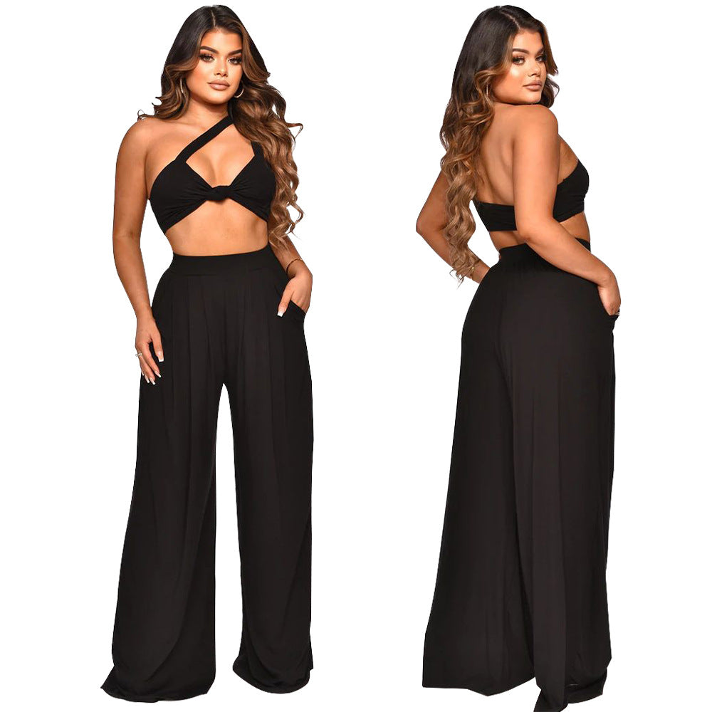 Women Summer Slash Shoulder Sleeveless Top + Solid Color Wide Leg Pants Two-Piece Set 7
