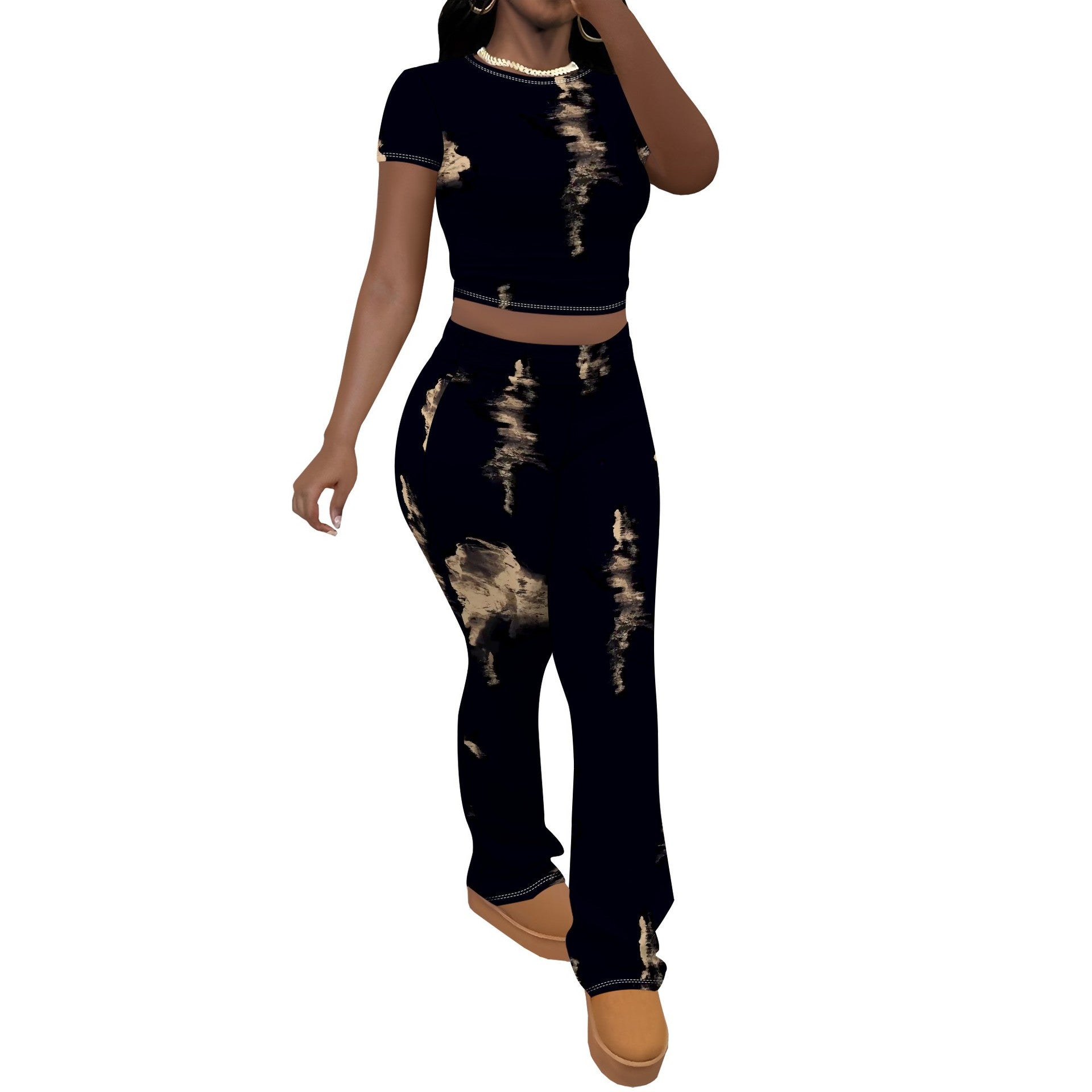 Women Casual Printed Short-Sleeved Top and Pants Two-Piece Set 11