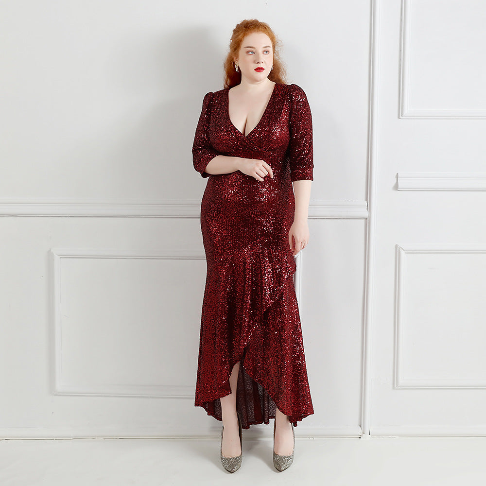 Plus Size Women Sequin V-Neck Formal Party Evening Dress 6