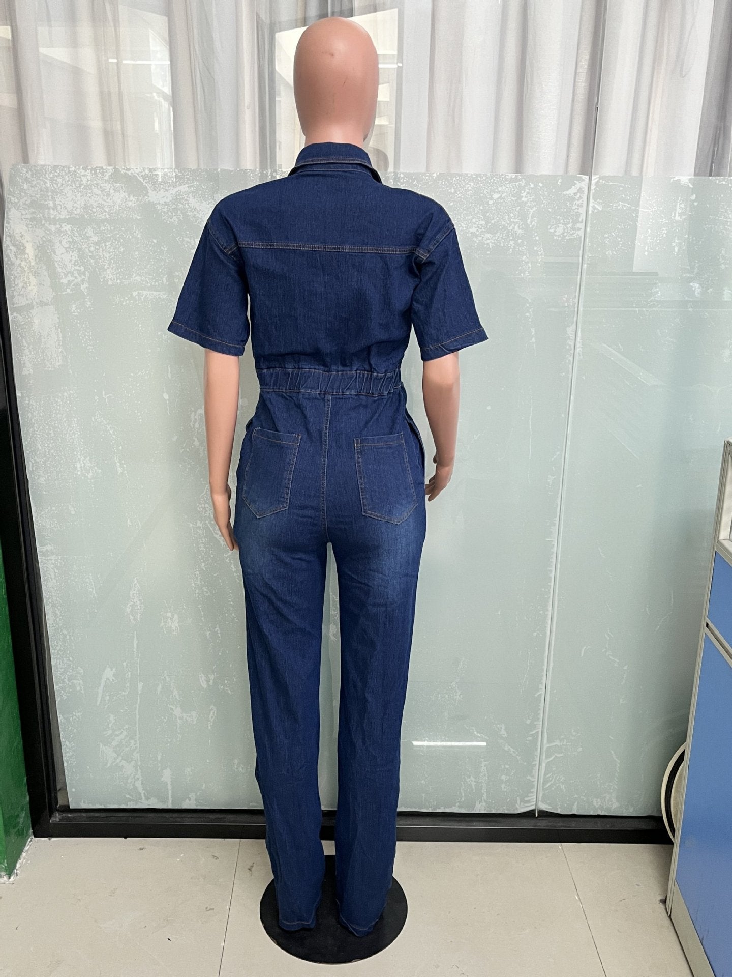 Casual Short Sleeve Button Elastic Denim Jumpsuit 10