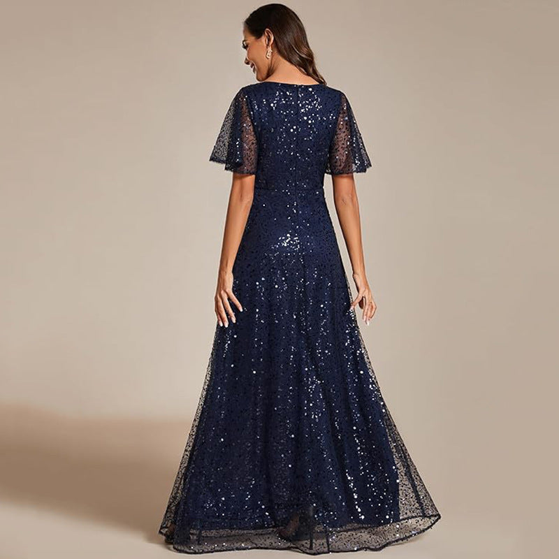 Plus Size V-Neck Ruffle Sleeve Shiny Sequin Evening Dress（Processing time need 3-6 days） 6