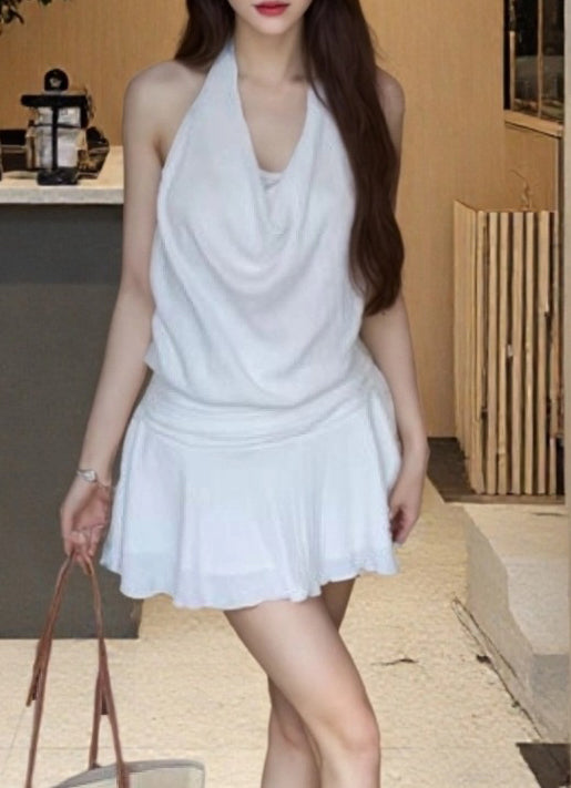 AmericanSummer White Halter Neck Low Back Fake Two-Piece Slim Waist A-Line Short Dress 3