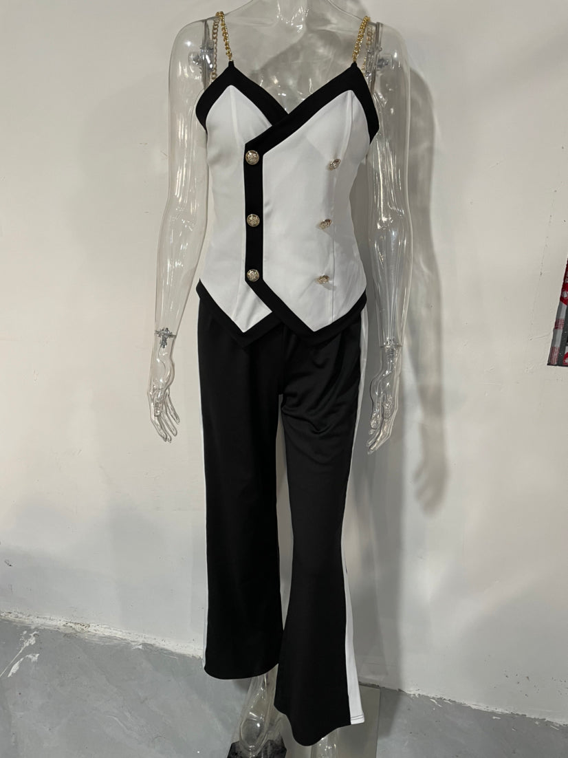 Fashion Printed Double-Breasted Strap Women's Two Piece Pants Set 18